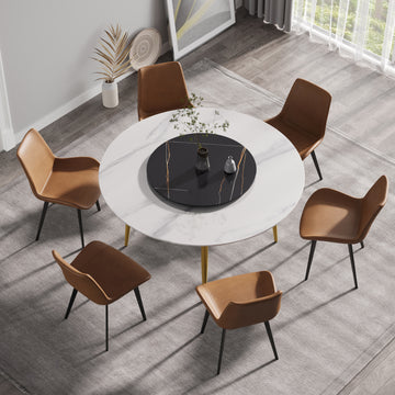 59.05"Modern Artificial Stone Round Golden Metal Dining Table Can Accommodate 6 People 31.5"Black Artificial Stone Turntable White Black Metal Marble