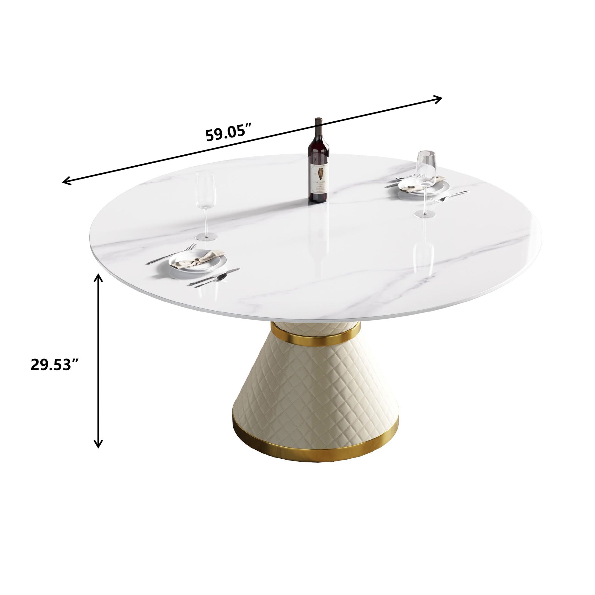 59.05"Modern Artificial Stone Round White Carbon Steel Base Dining Table Can Accommodate 6 People White Metal Marble