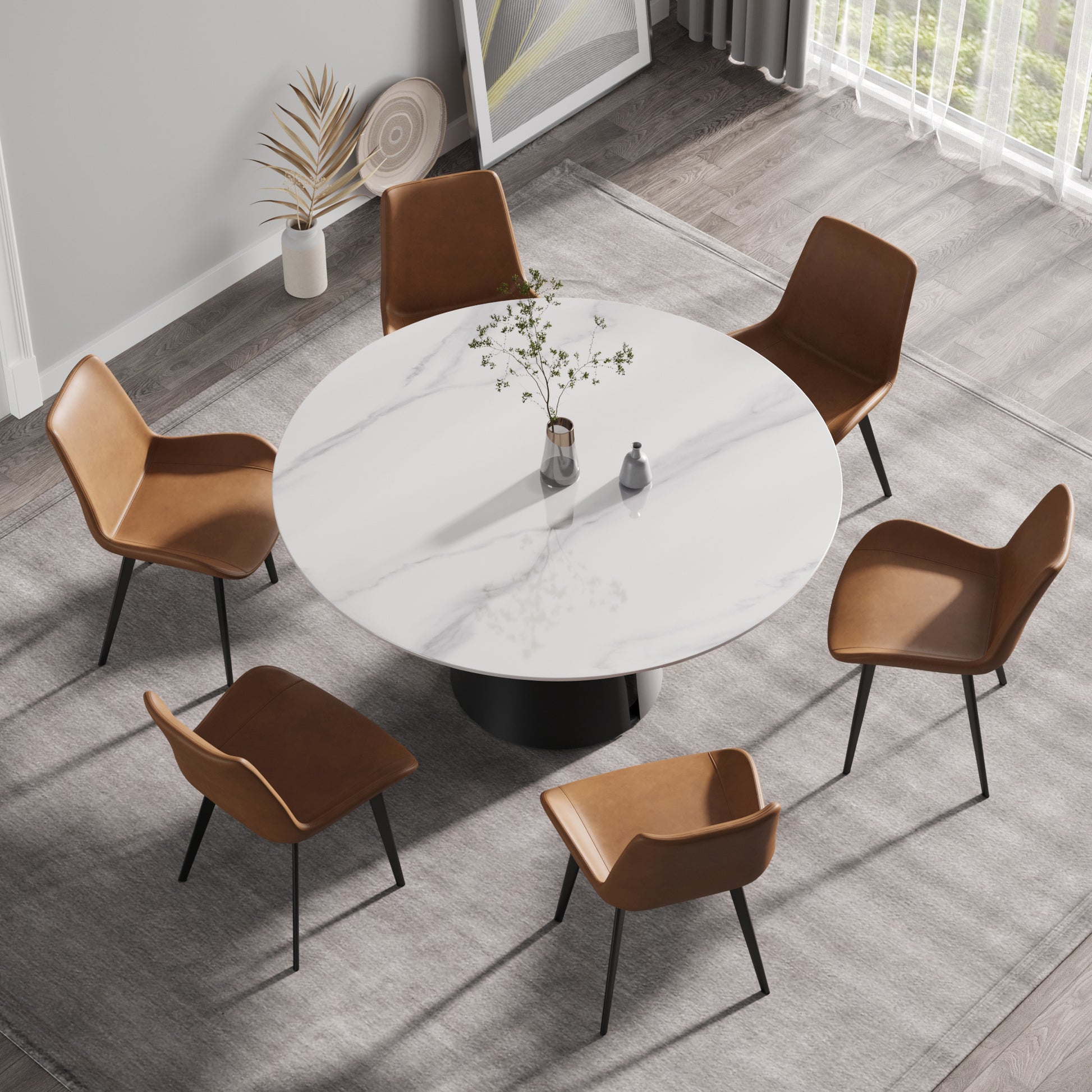 59.05"Modern Artificial Stone Round Black Carbon Steel Base Dining Table Can Accommodate 6 People White Metal Marble