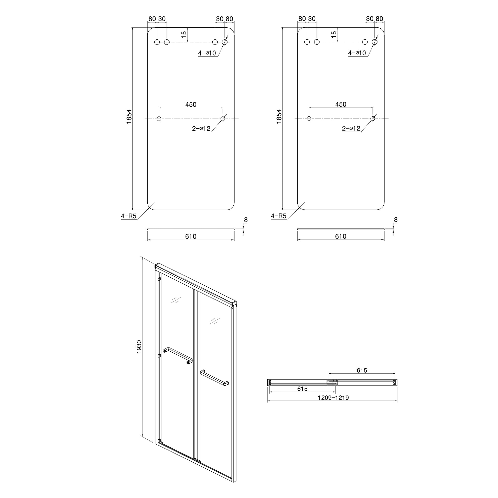 Shower Door 48" W x 76"H Semi Frameless Bypass Sliding chrome-glass