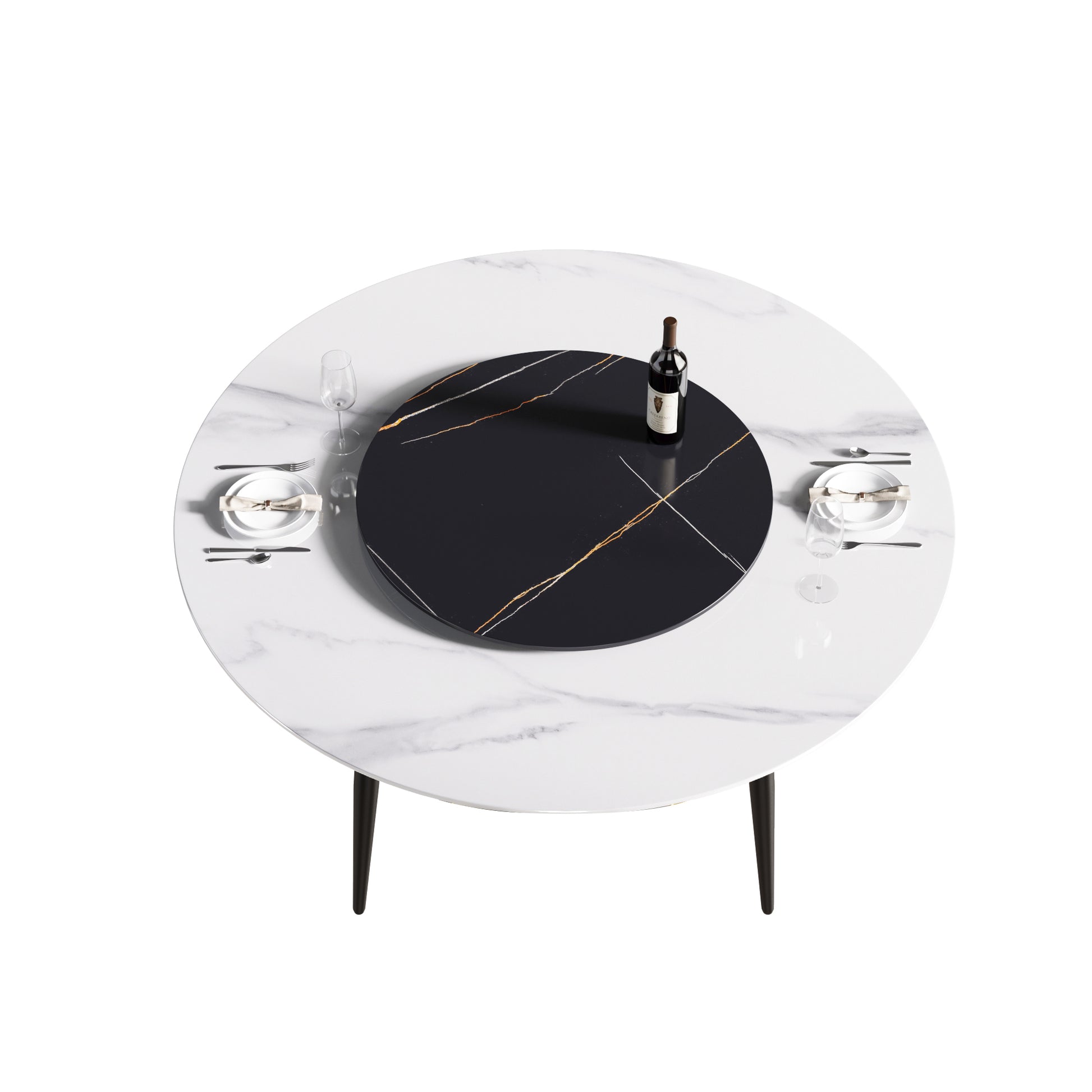 59.05"Modern Artificial Stone Round Black Metal Dining Table Can Accommodate 6 People 31.5"Black Artificial Stone Turntable Black White Metal Marble