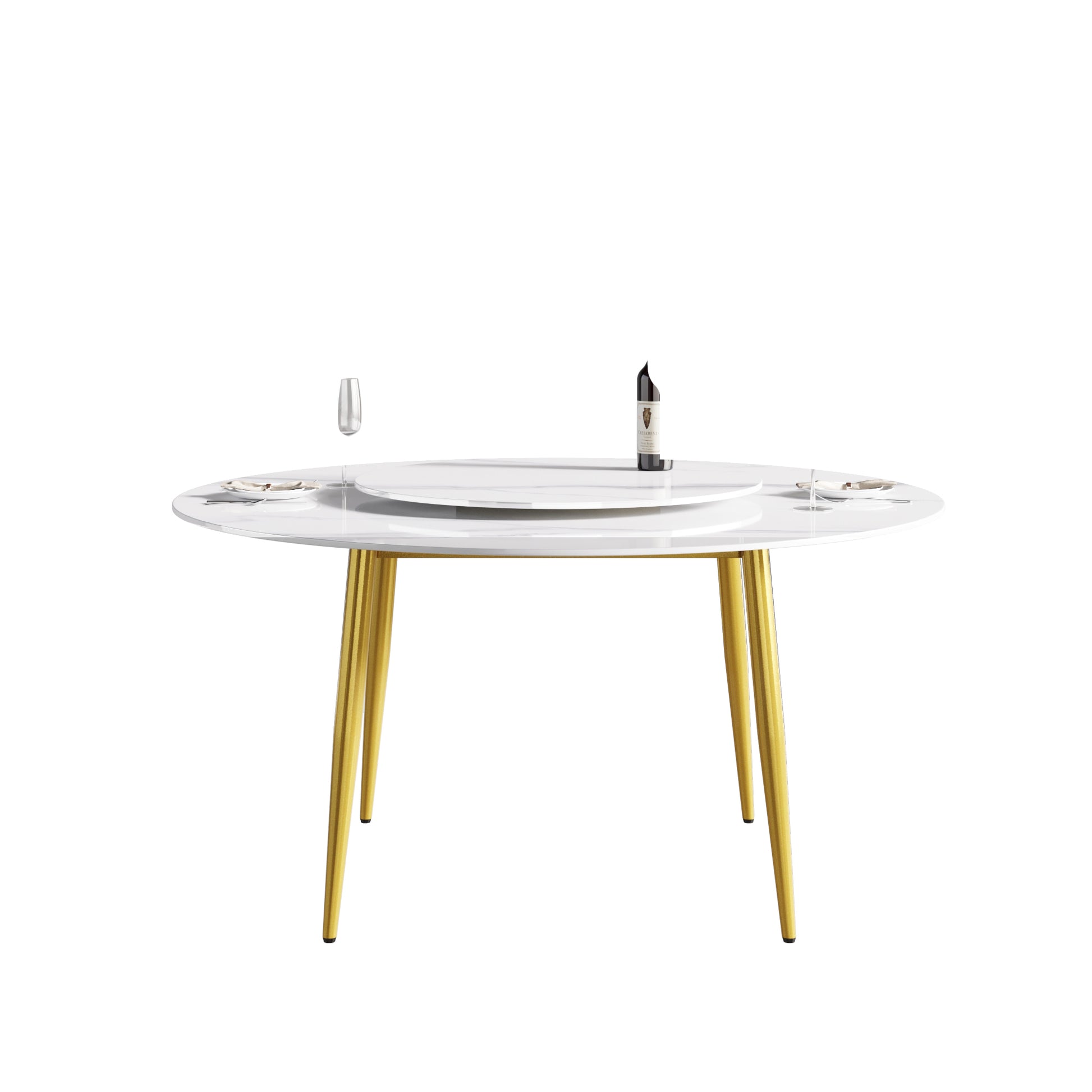 59.05"Modern Artificial Stone Round Golden Metal Dining Table Can Accommodate 6 People 31.5"White Artificial Stone Turntable White Metal Marble