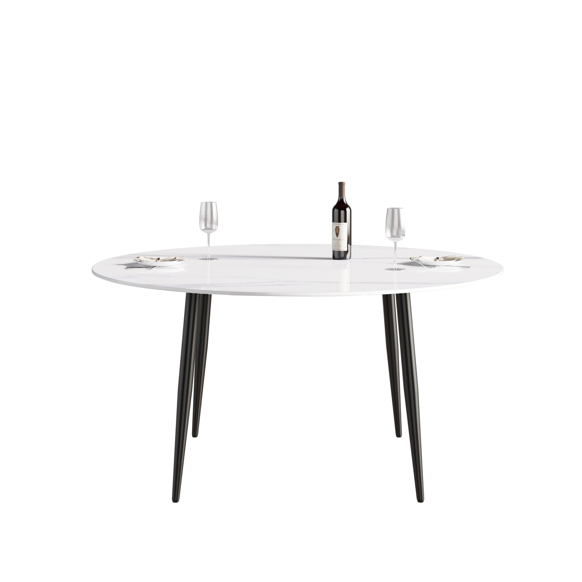 59.05"Modern Man Made Stone Round Black Metal Dining Table Position For 6 People White Metal Marble