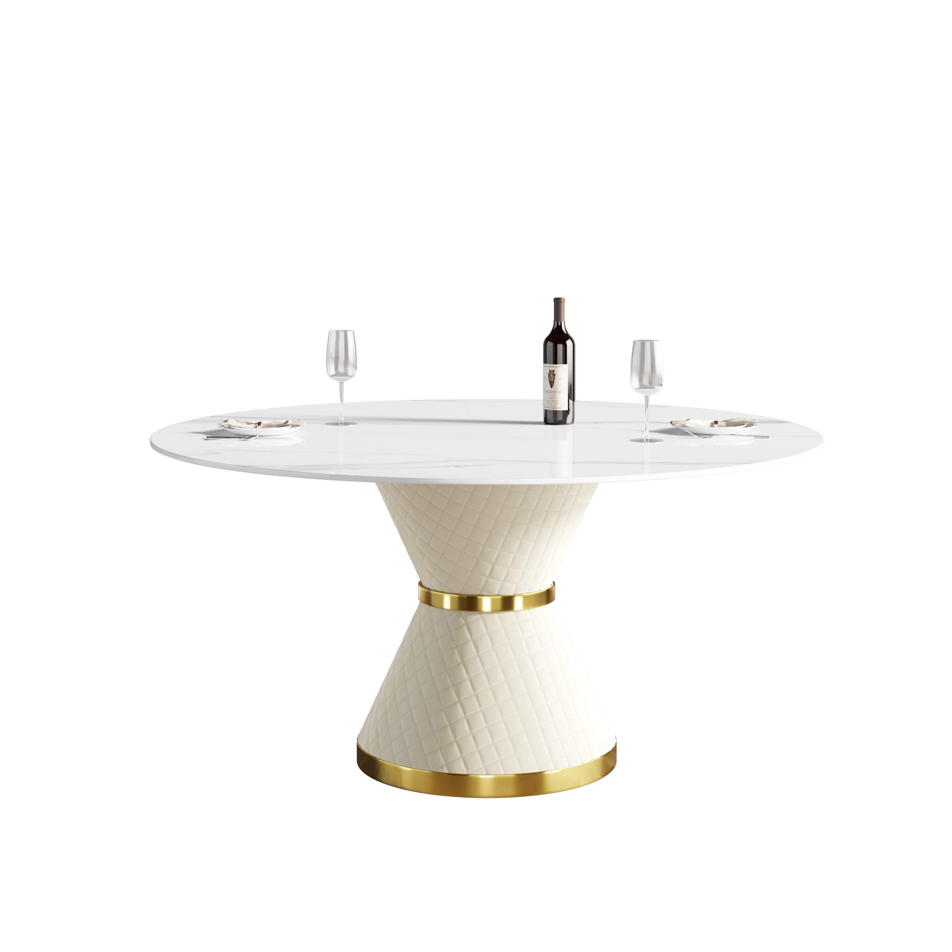 59.05"Modern Artificial Stone Round White Carbon Steel Base Dining Table Can Accommodate 6 People White Metal Marble