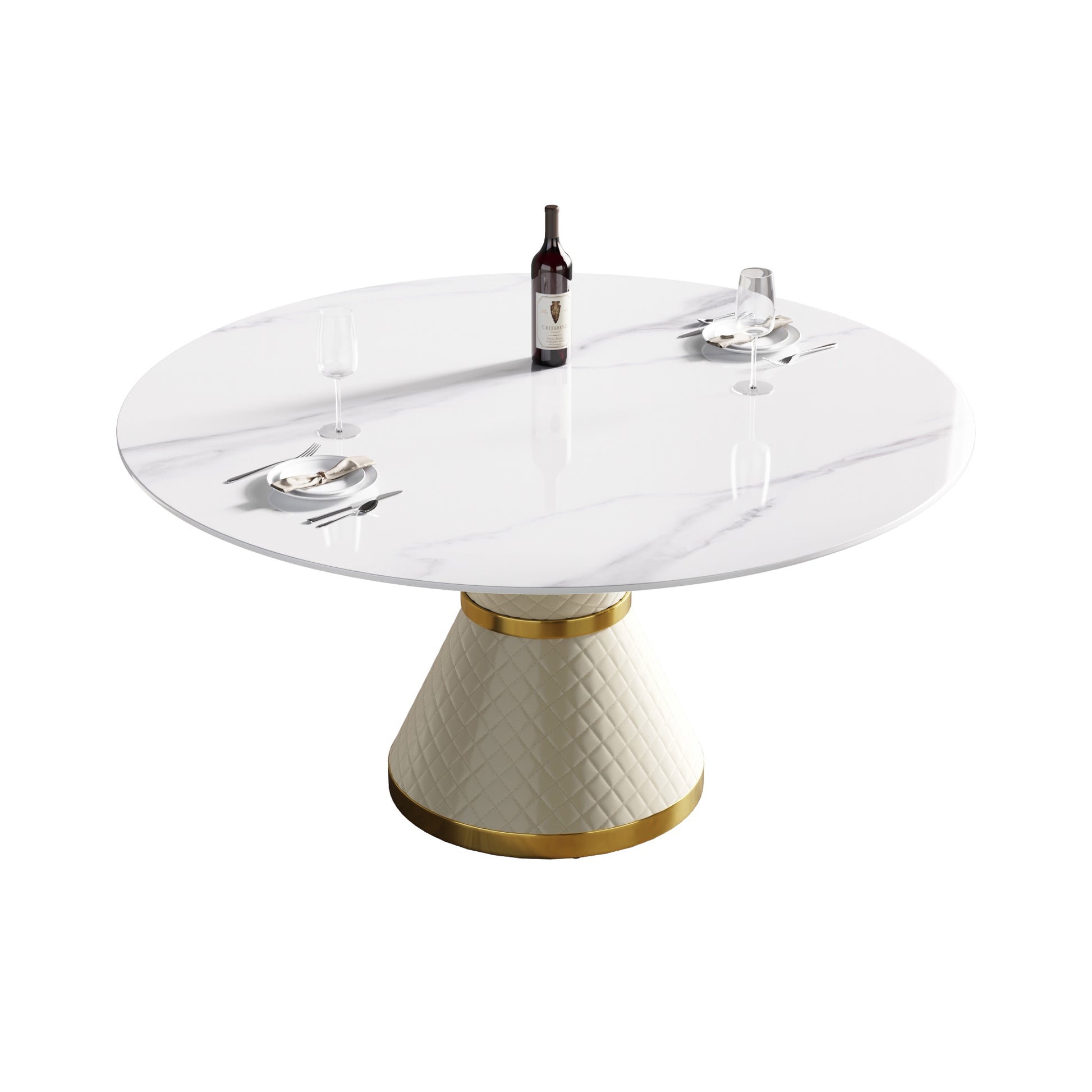 59.05"Modern Artificial Stone Round White Carbon Steel Base Dining Table Can Accommodate 6 People White Metal Marble