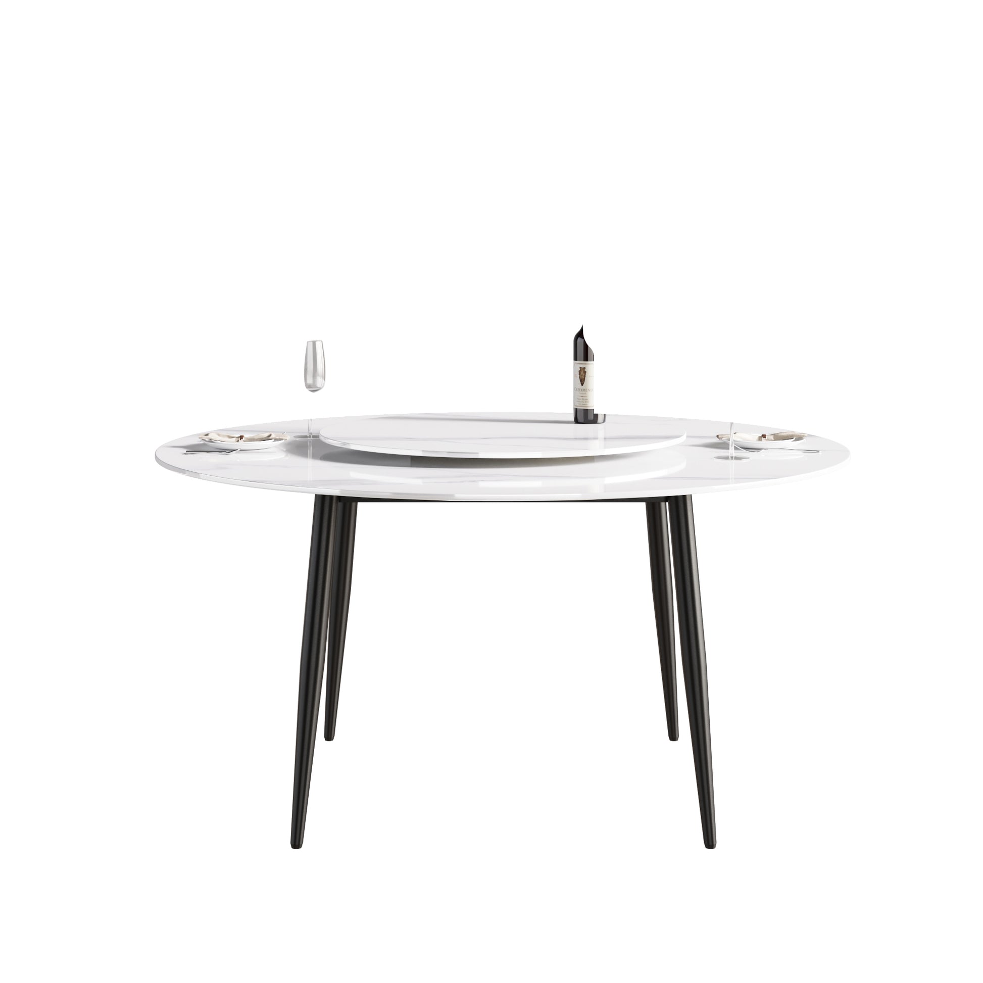 59.05"Modern Artificial Stone Round Black Metal Dining Table Can Accommodate 6 People 31.5"White Artificial Stone Turntable White Metal Marble