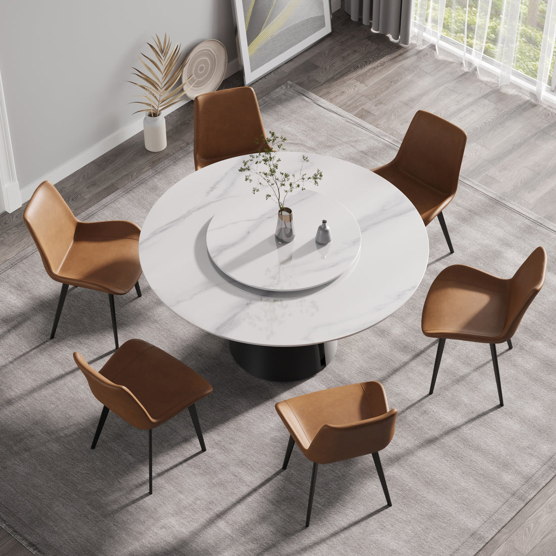 59.05"Modern Artificial Stone Round Black Carbon Steel Base Dining Table Can Accommodate 6 People 31.5"White Artificial Stone Turntable White Metal Marble