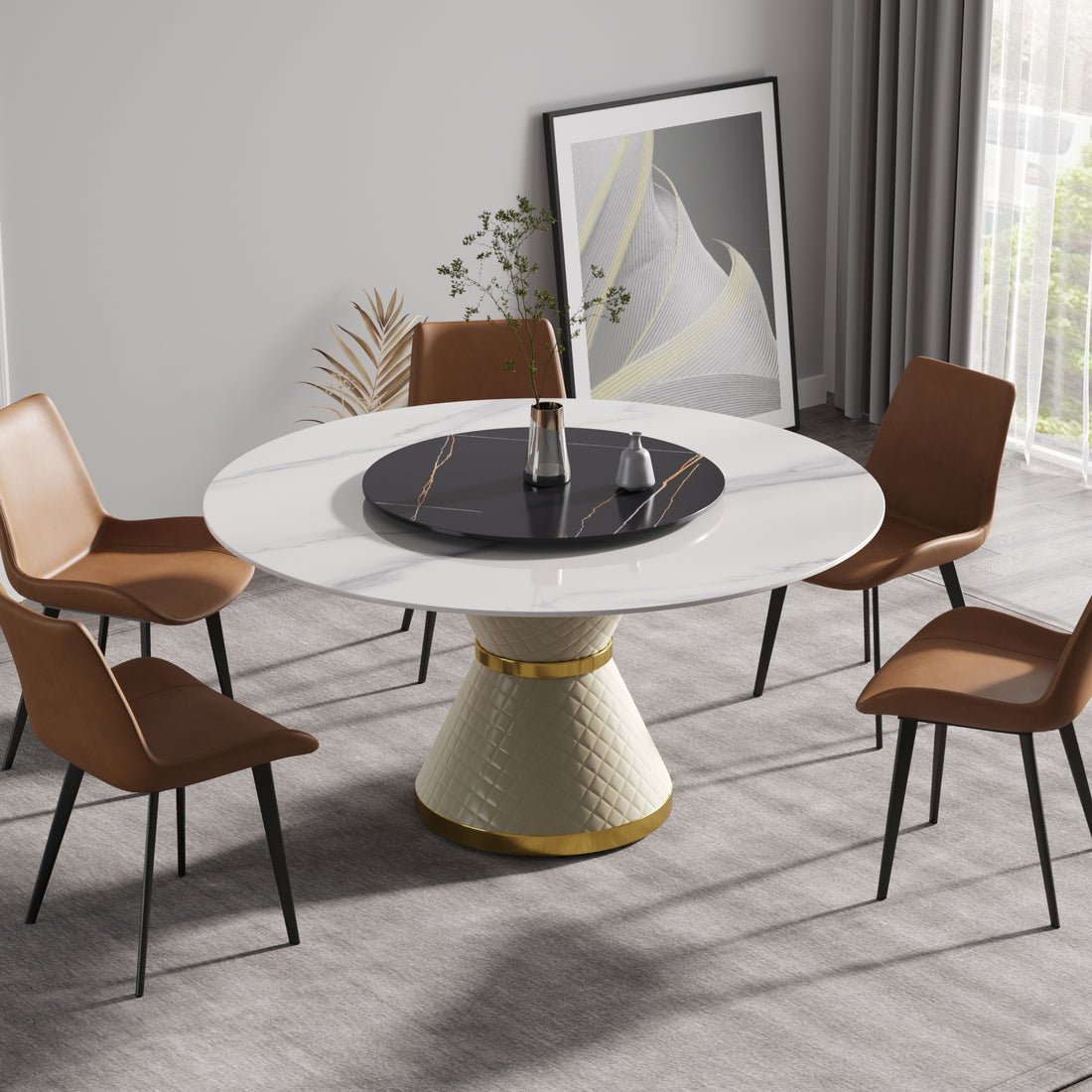 59.05"Modern Artificial Stone Round White Carbon Steel Base Dining Table Can Accommodate 6 People 31.5"Black Artificial Stone Turntable White Black Metal Marble