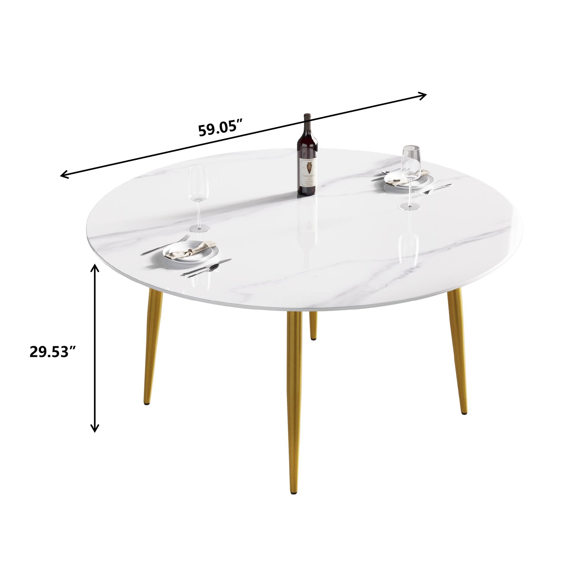 59.05"Modern Man Made Stone Round Golden Metal Dining Table Position For 6 People White Metal Marble