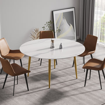59.05"Modern Man Made Stone Round Golden Metal Dining Table Position For 6 People White Metal Marble