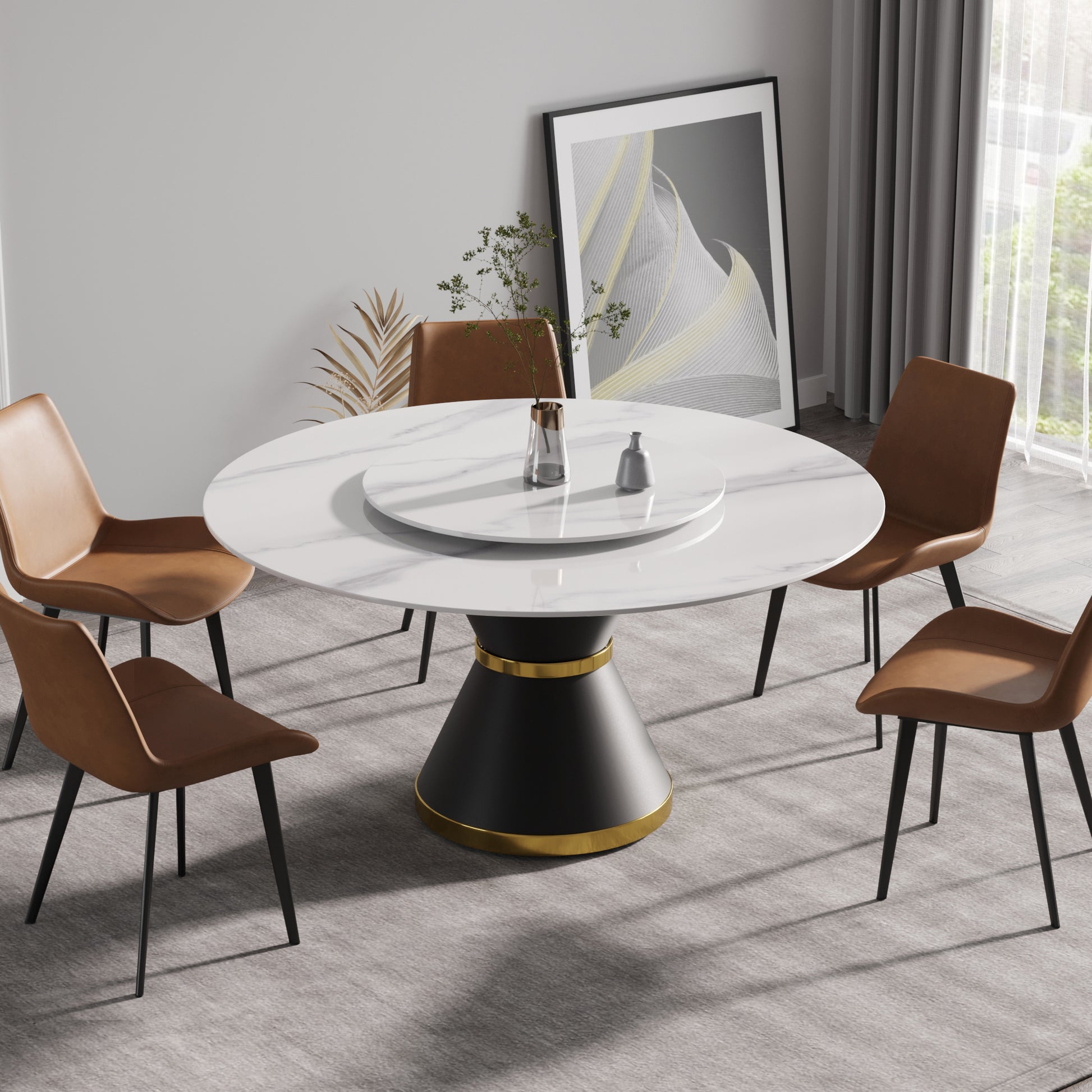 59.05"Modern Artificial Stone Round Black Carbon Steel Base Dining Table Can Accommodate 6 People 31.5"White Artificial Stone Turntable White Metal Marble