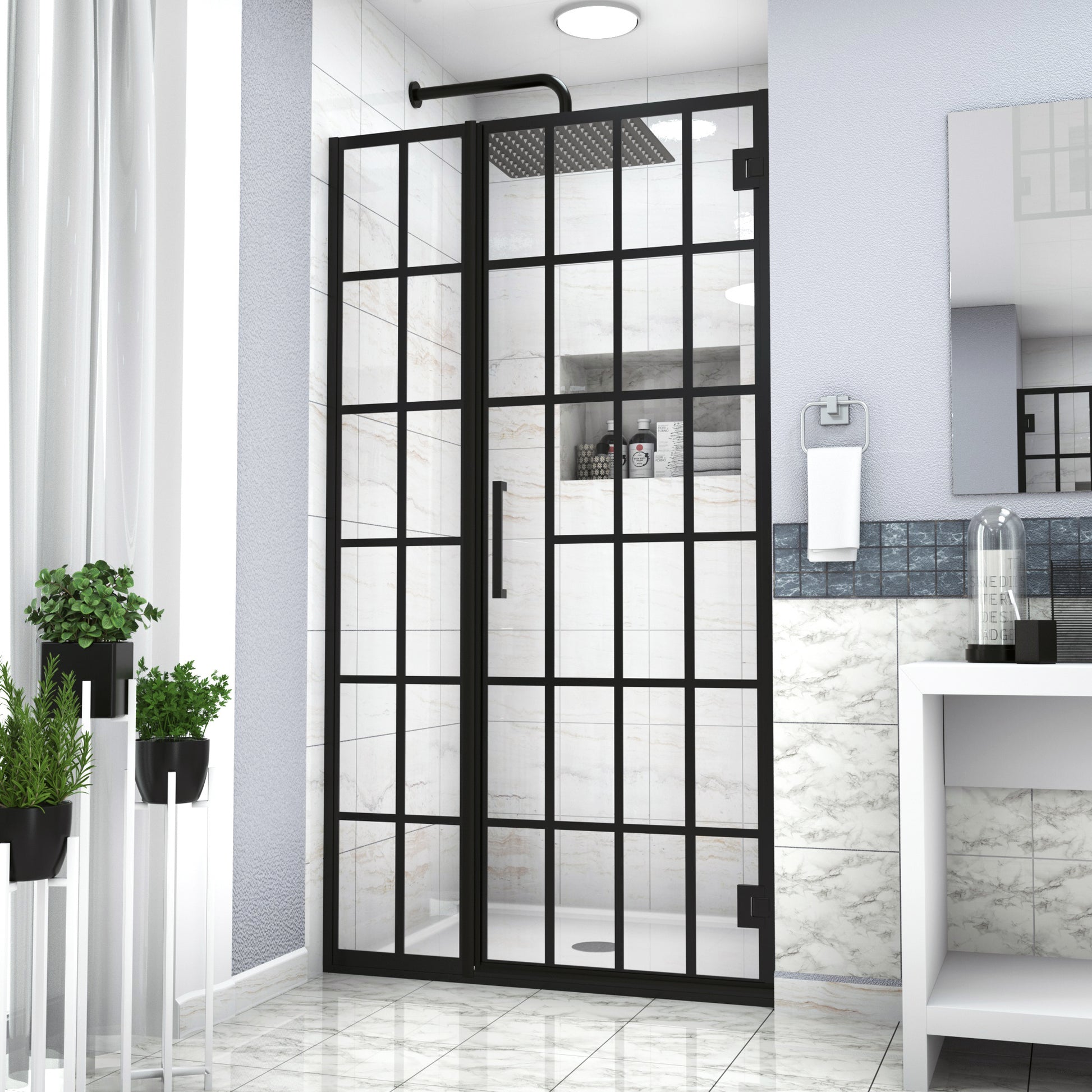 Shower Door 34" W x 72" H Pivot Frameless Shower Door matte black-glass