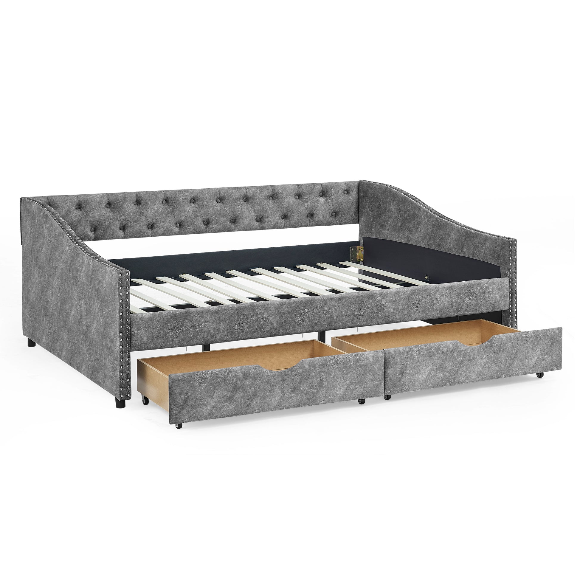 Full Size Daybed With Drawers Upholstered Tufted Sofa Bed, With Button On Back And Copper Nail On Waved Shape Arms, Grey 80.5''X55.5''X27.5'' Full Grey Polyester