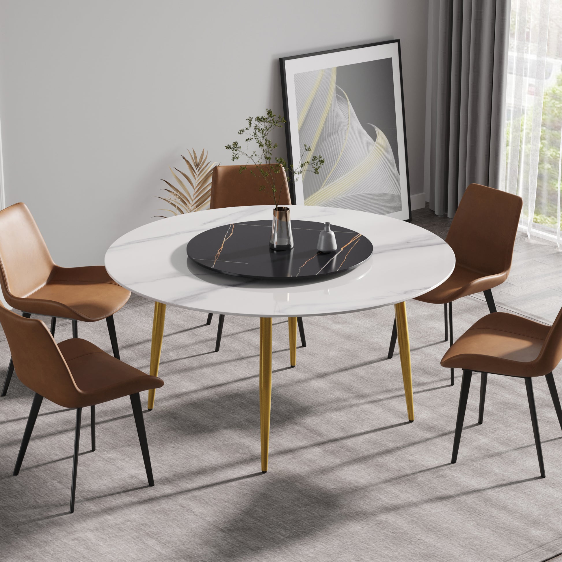 59.05"Modern Artificial Stone Round Golden Metal Dining Table Can Accommodate 6 People 31.5"Black Artificial Stone Turntable White Black Metal Marble