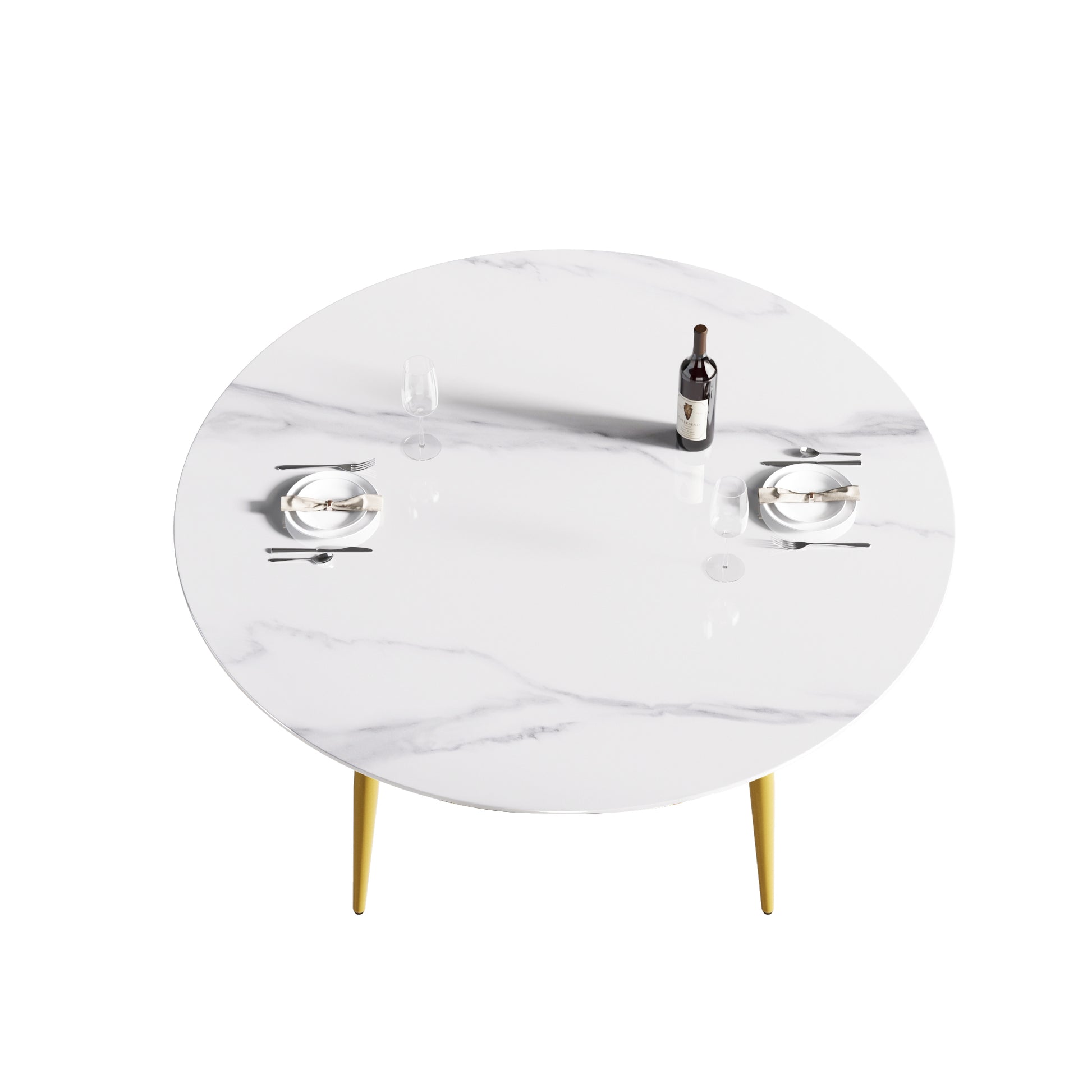 59.05"Modern Man Made Stone Round Golden Metal Dining Table Position For 6 People White Metal Marble