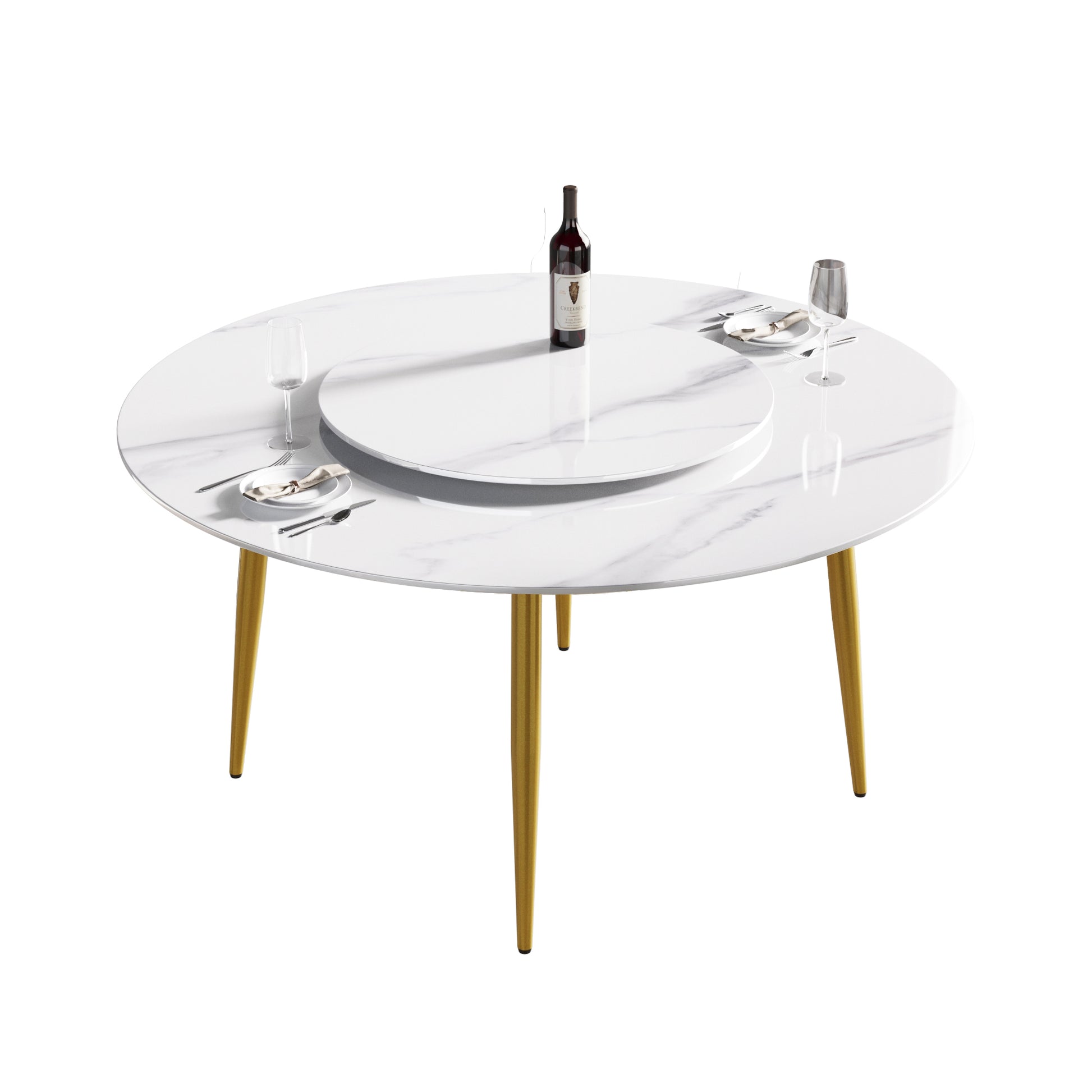 59.05"Modern Artificial Stone Round Golden Metal Dining Table Can Accommodate 6 People 31.5"White Artificial Stone Turntable White Metal Marble