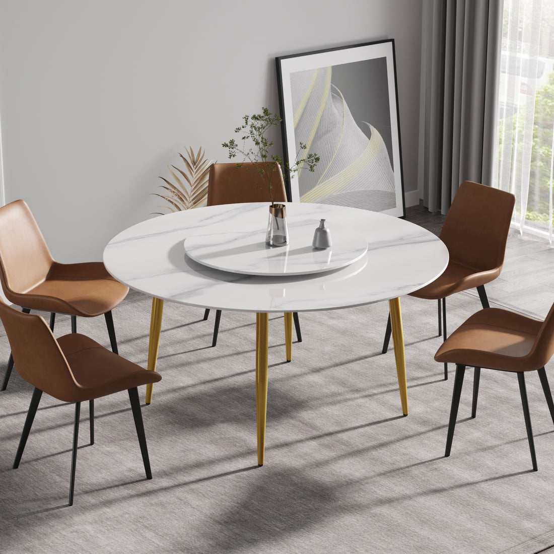 59.05"Modern Artificial Stone Round Golden Metal Dining Table Can Accommodate 6 People 31.5"White Artificial Stone Turntable White Metal Marble