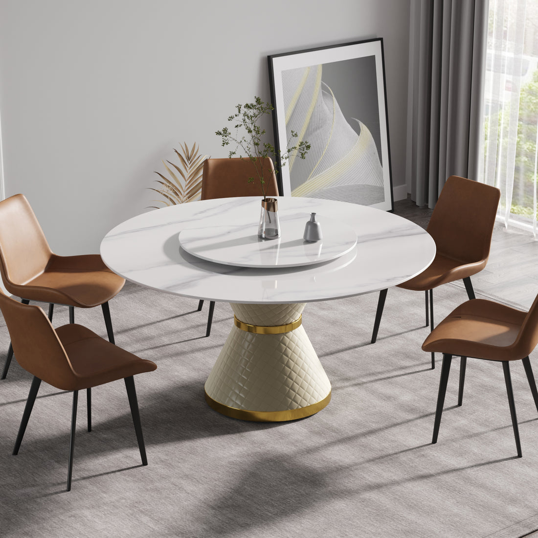 59.05"Modern Artificial Stone Round White Carbon Steel Base Dining Table Can Accommodate 6 People 31.5"White Artificial Stone Turntable White Metal Marble