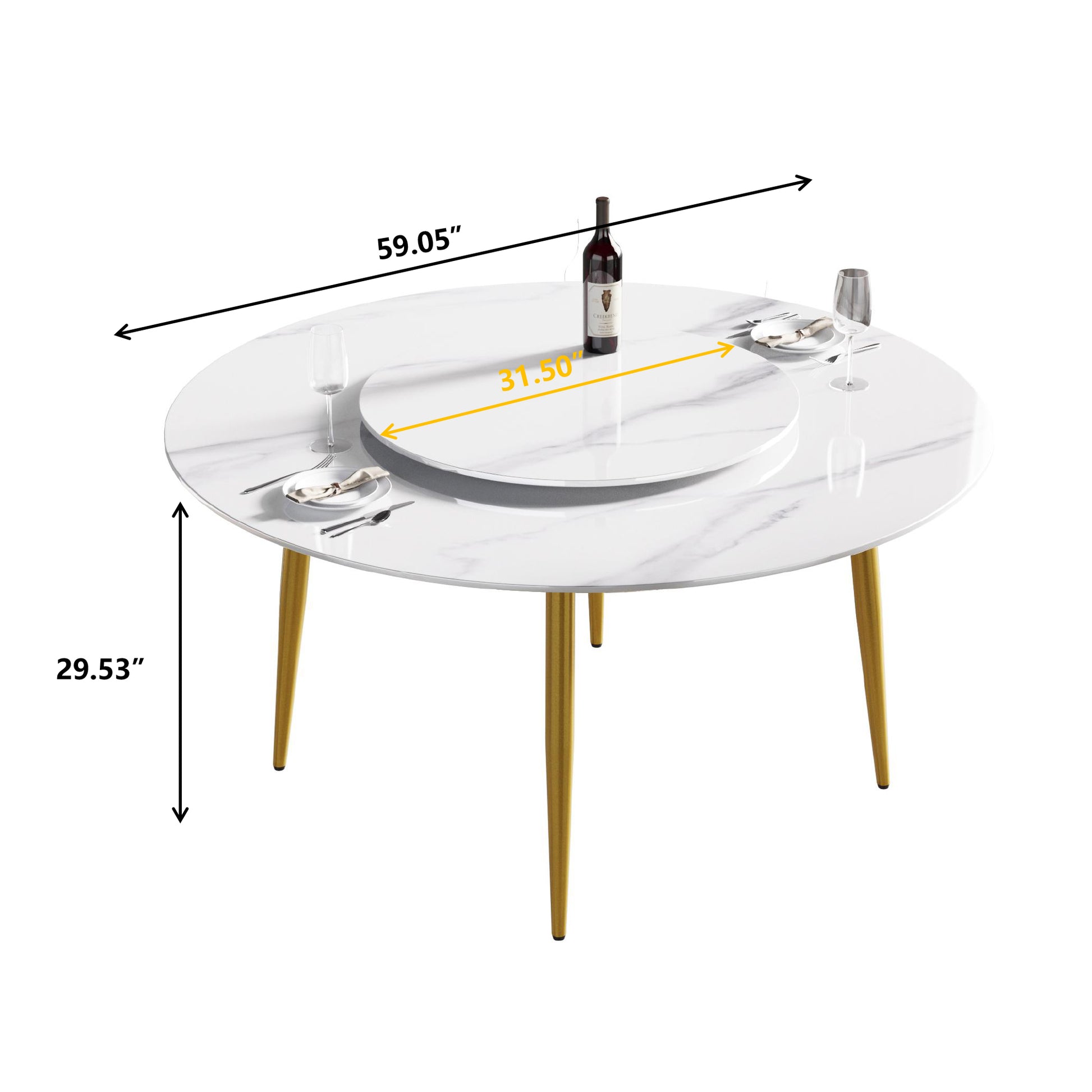 59.05"Modern Artificial Stone Round Golden Metal Dining Table Can Accommodate 6 People 31.5"White Artificial Stone Turntable White Metal Marble