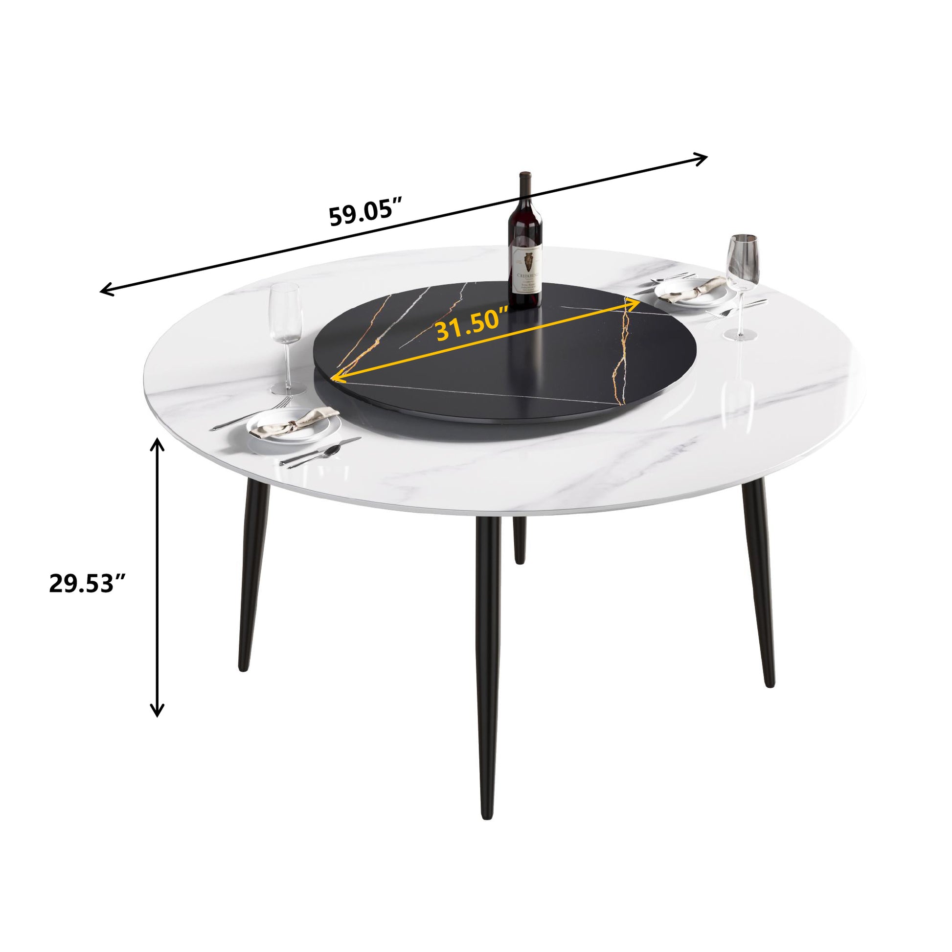 59.05"Modern Artificial Stone Round Black Metal Dining Table Can Accommodate 6 People 31.5"Black Artificial Stone Turntable Black White Metal Marble