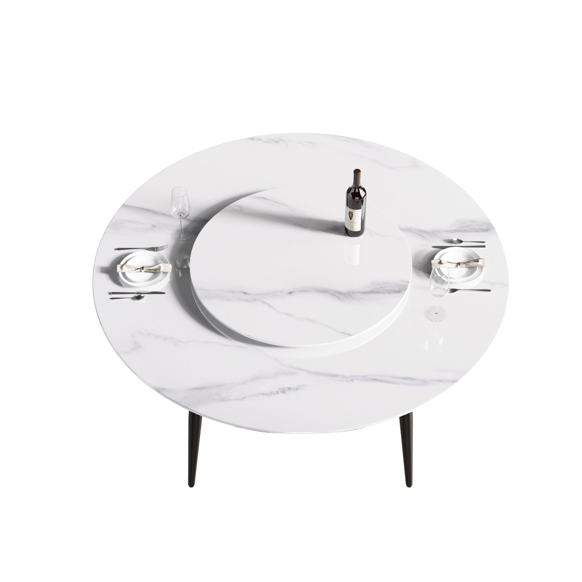 59.05"Modern Artificial Stone Round Black Metal Dining Table Can Accommodate 6 People 31.5"White Artificial Stone Turntable White Metal Marble