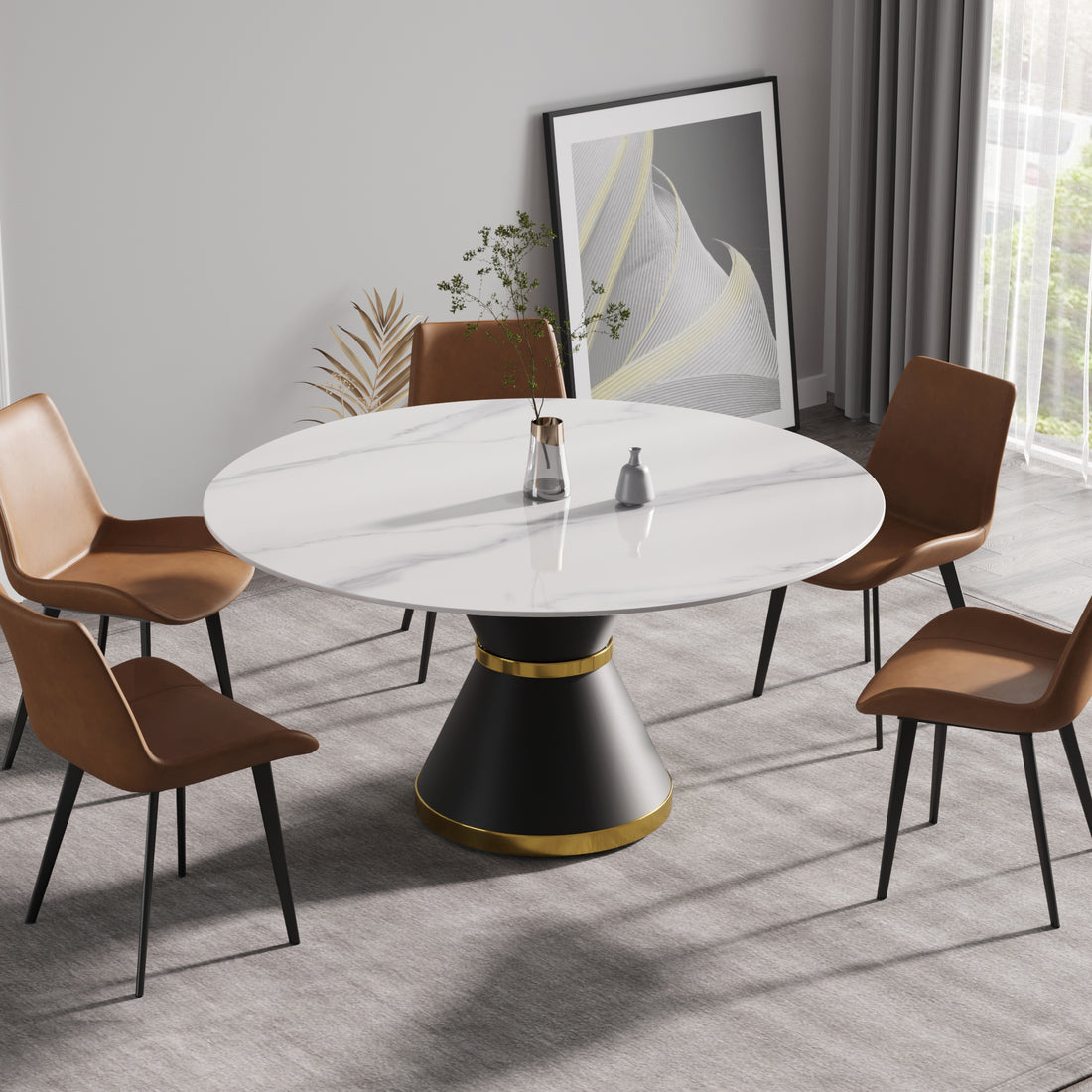 59.05"Modern Artificial Stone Round Black Carbon Steel Base Dining Table Can Accommodate 6 People White Metal Marble