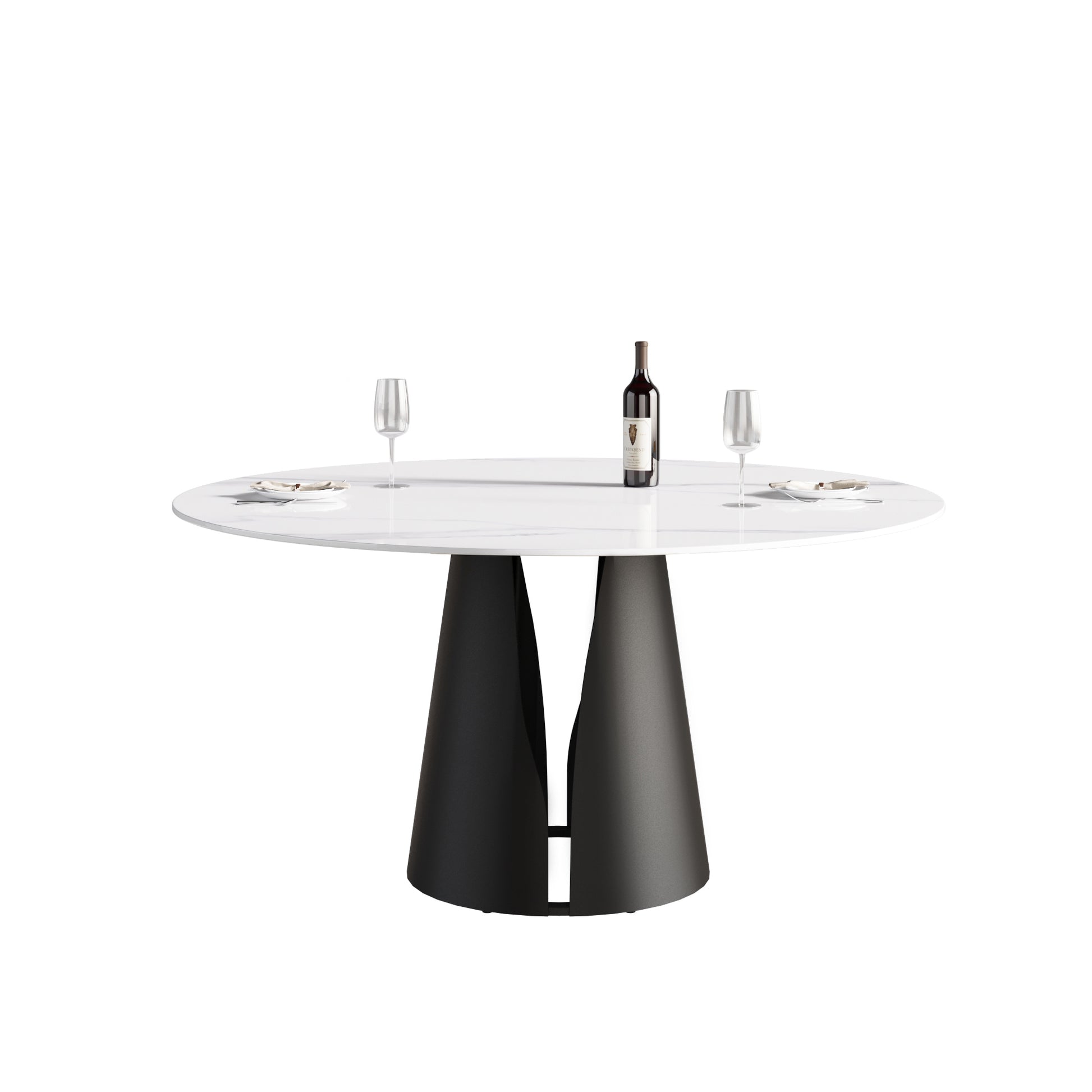 59.05"Modern Artificial Stone Round Black Carbon Steel Base Dining Table Can Accommodate 6 People White Metal Marble