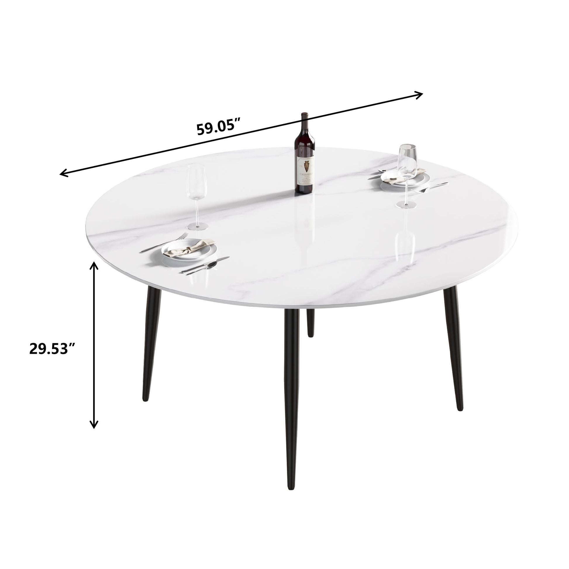 59.05"Modern Man Made Stone Round Black Metal Dining Table Position For 6 People White Metal Marble