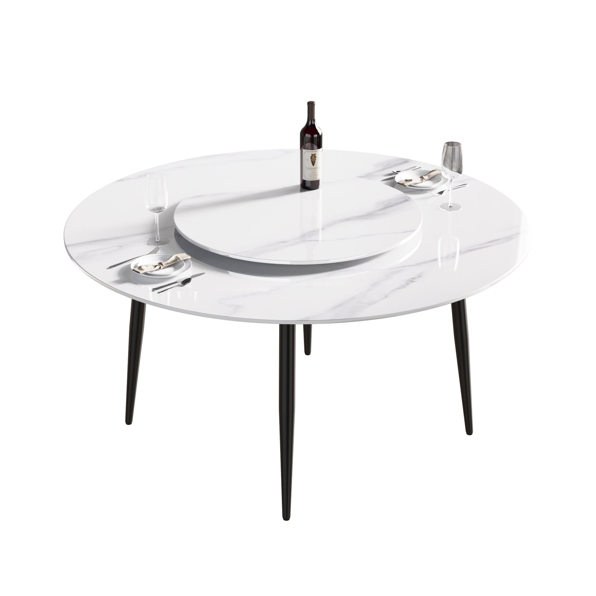 59.05"Modern Artificial Stone Round Black Metal Dining Table Can Accommodate 6 People 31.5"White Artificial Stone Turntable White Metal Marble