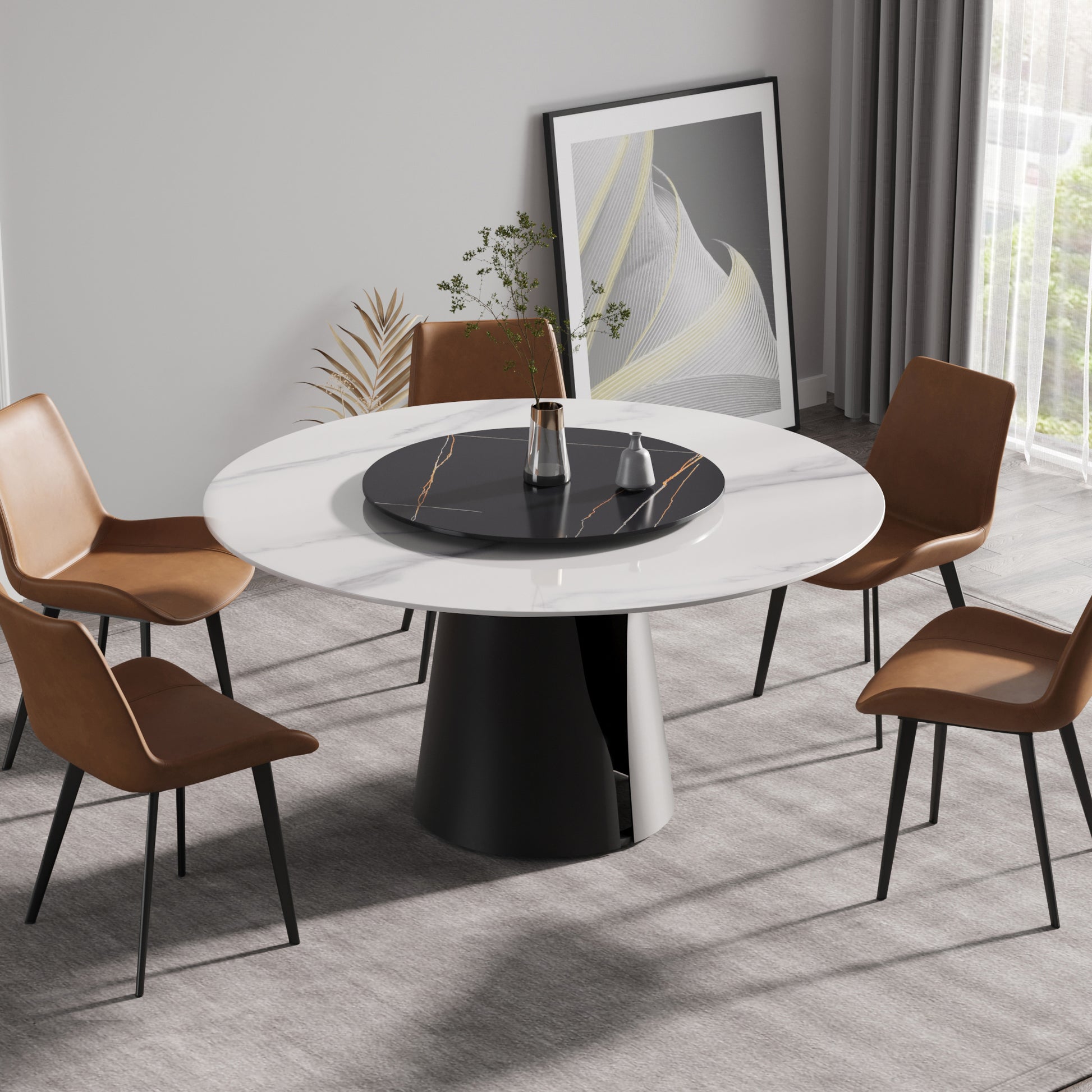 59.05"Modern Artificial Stone Round Black Carbon Steel Base Dining Table Can Accommodate 6 People 31.5"Black Artificial Stone Turntable White Black Metal Marble