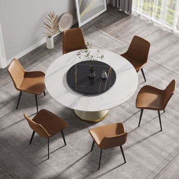 59.05"Modern Artificial Stone Round White Carbon Steel Base Dining Table Can Accommodate 6 People 31.5"Black Artificial Stone Turntable White Black Metal Marble