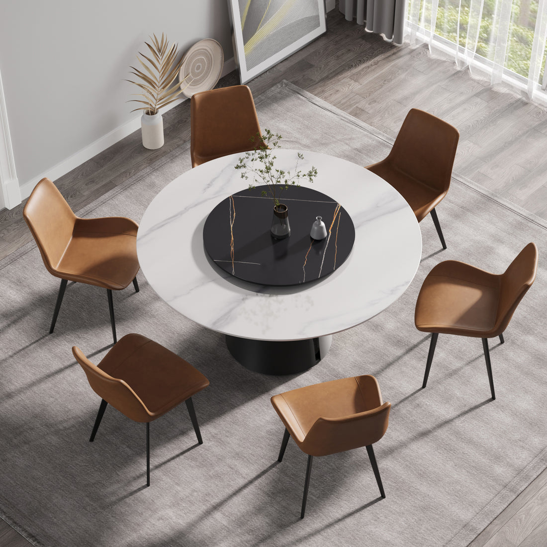 59.05"Modern Artificial Stone Round Black Carbon Steel Base Dining Table Can Accommodate 6 People 31.5"Black Artificial Stone Turntable White Black Metal Marble