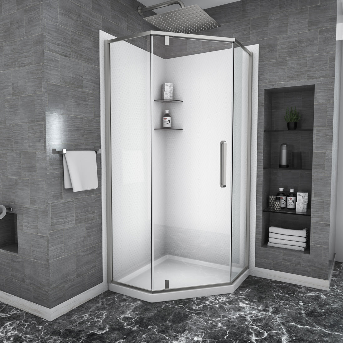 Shower Door 34 1 8" X 72" Semi Frameless Neo Angle Hinged Shower Enclosure, Brushed Nickel Brushed Nickel Glass