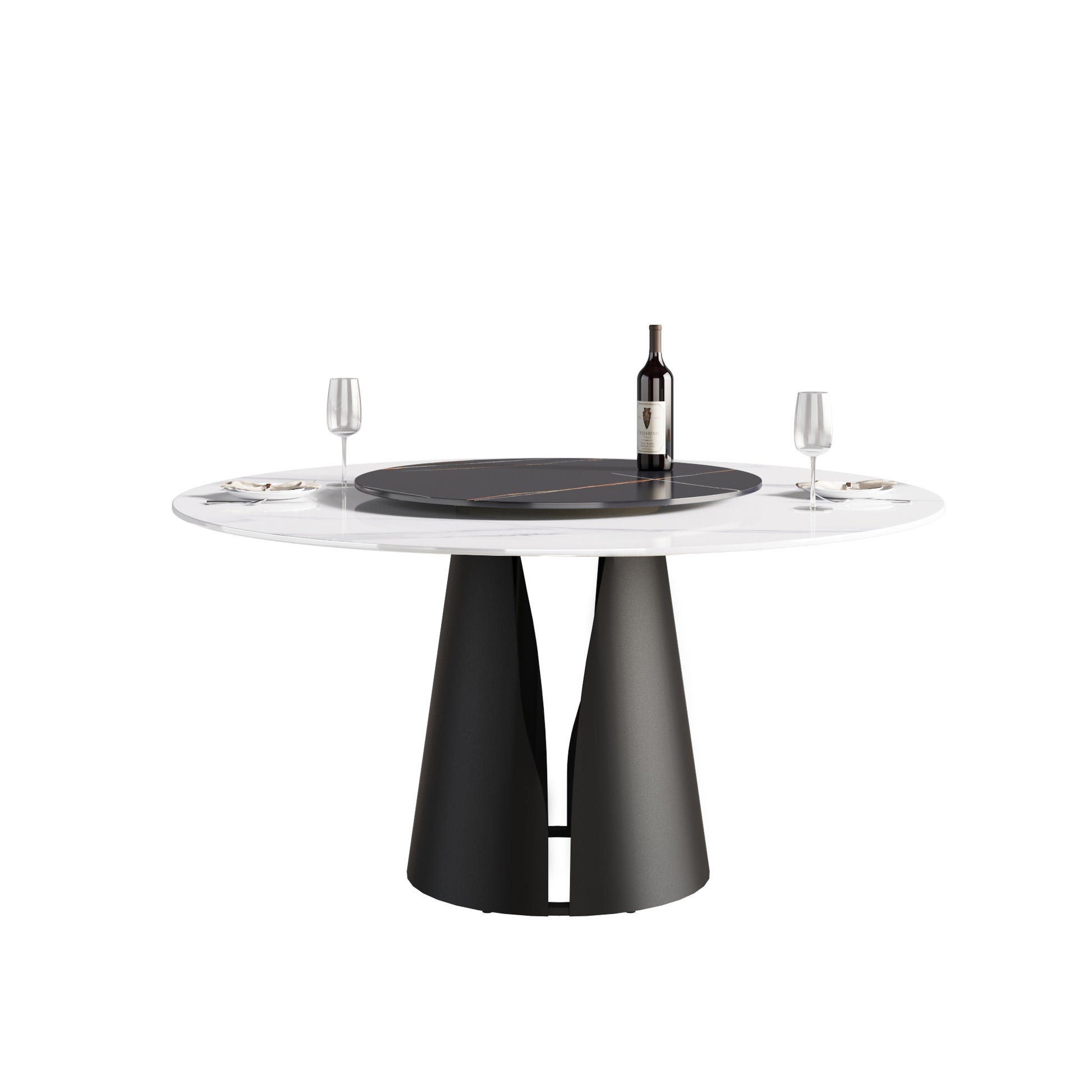 59.05"Modern Artificial Stone Round Black Carbon Steel Base Dining Table Can Accommodate 6 People 31.5"Black Artificial Stone Turntable White Black Metal Marble