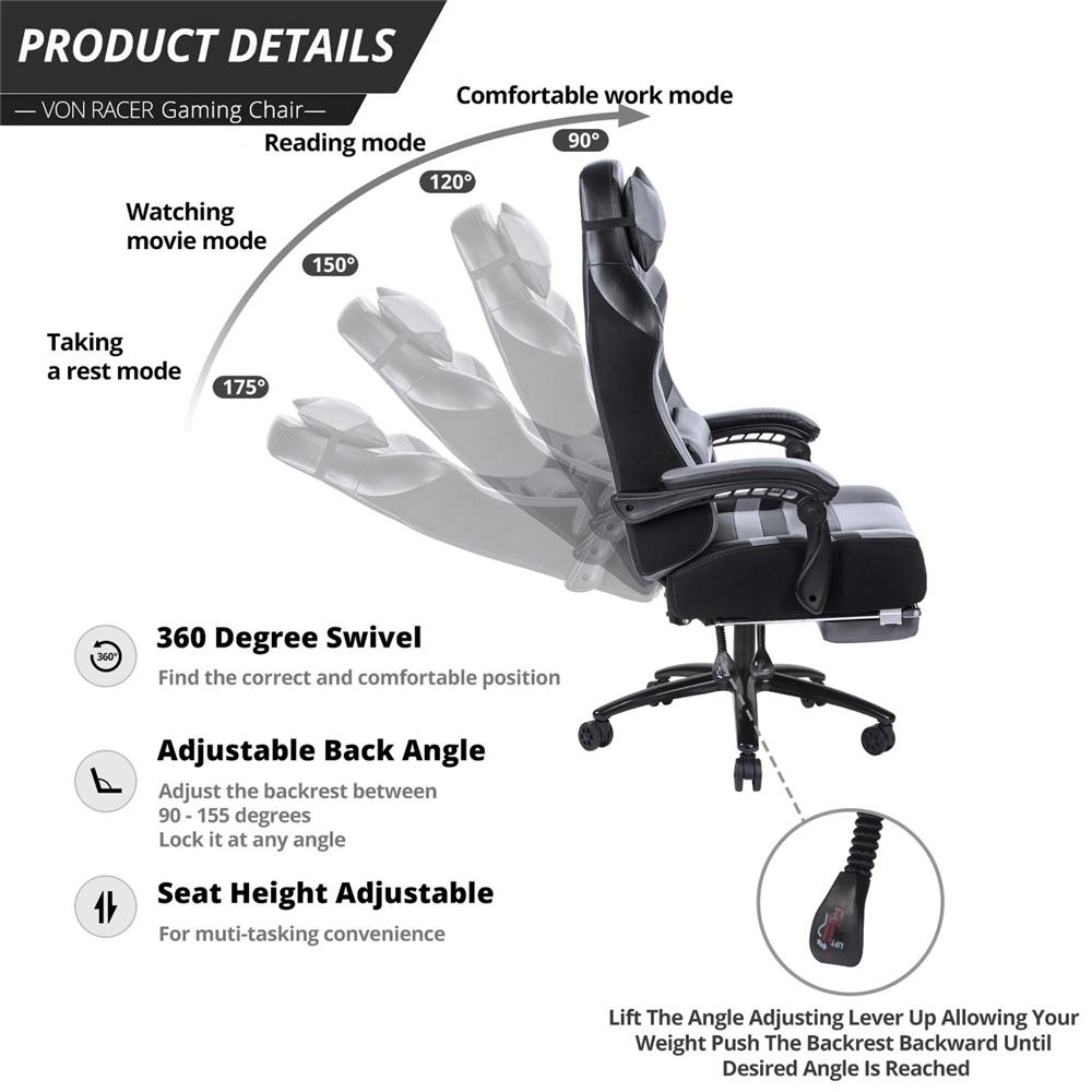 Seat Height Adjustable Swivel Racing Office Computer Ergonomic Video Game Chair Grey Foam Pu