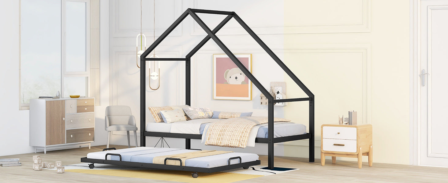 Metal House Bed With Trundle, Twin Size House Bed Black Black Metal