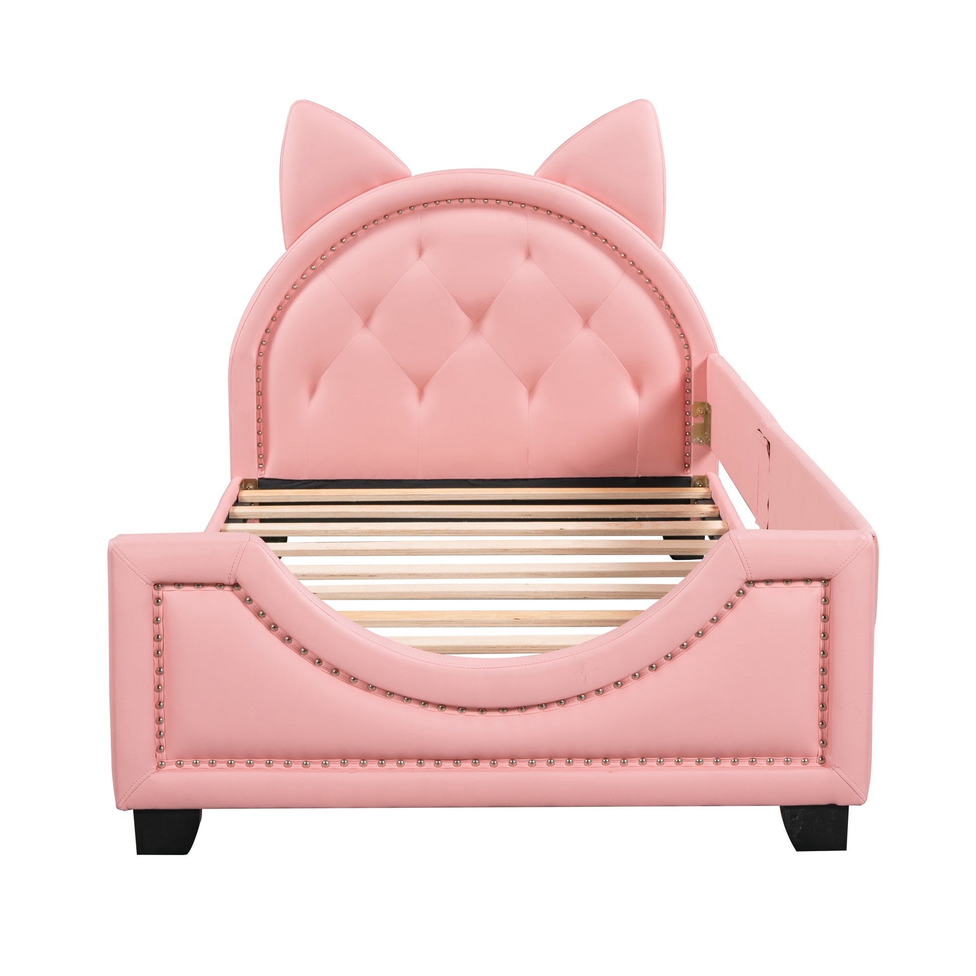 Twin Size Upholstered Daybed With Carton Ears Shaped Headboard, Pink Pink Pu Leather