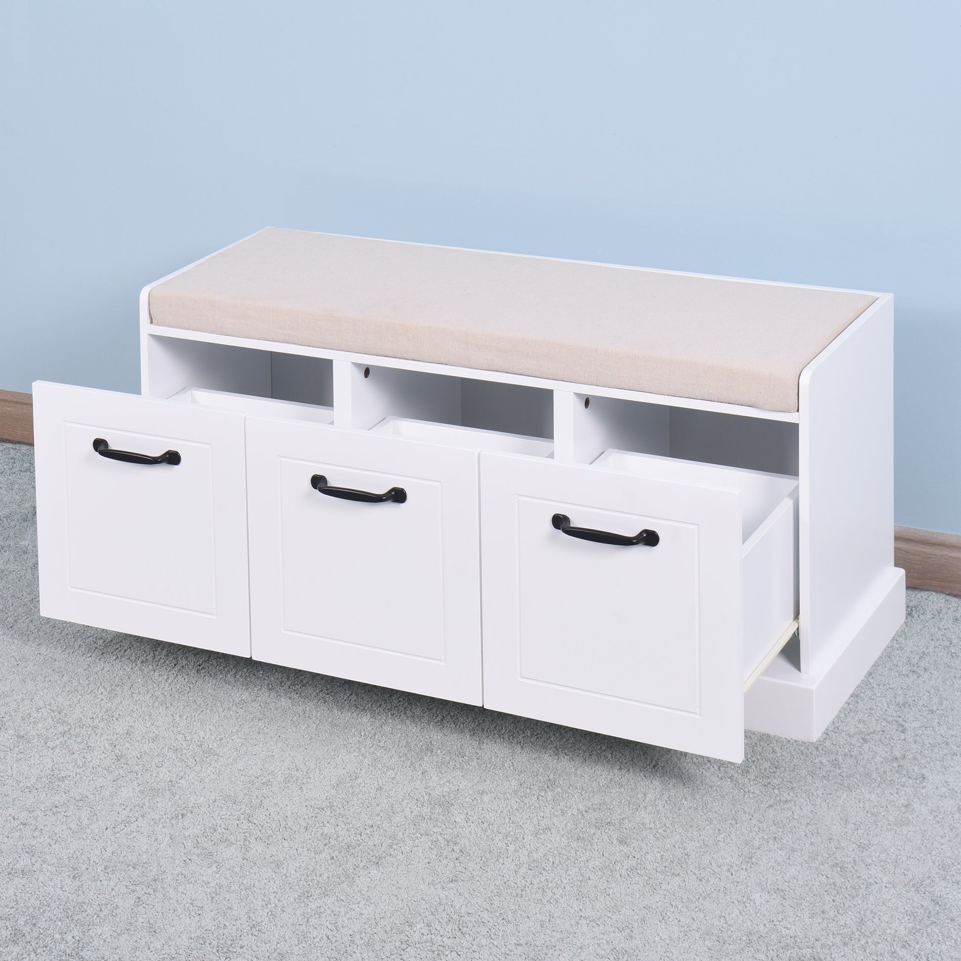 Wooden Entryway Shoe Cabinet Living Room Storage Bench With White Cushion White Mdf