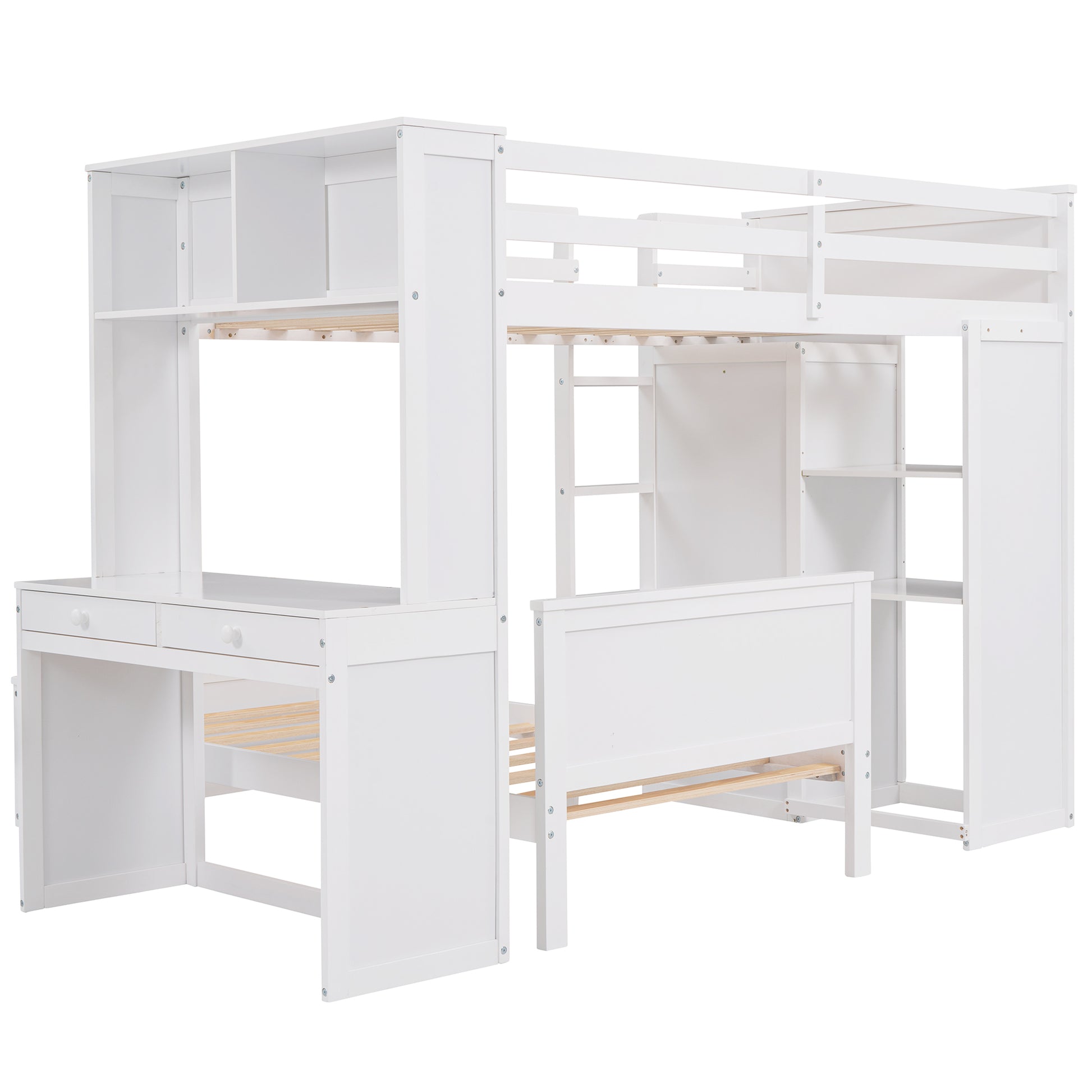 Twin Size Loft Bed With A Stand Alone Bed, Shelves,Desk,And Wardrobe White White Solid Wood