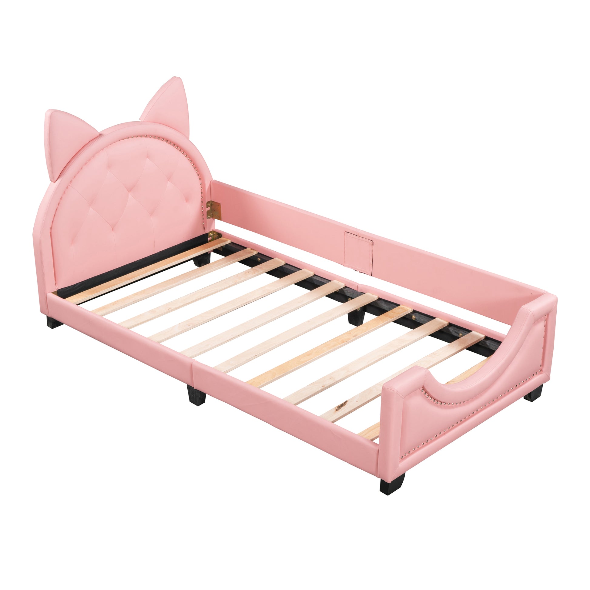 Twin Size Upholstered Daybed With Carton Ears Shaped Headboard, Pink Pink Pu Leather