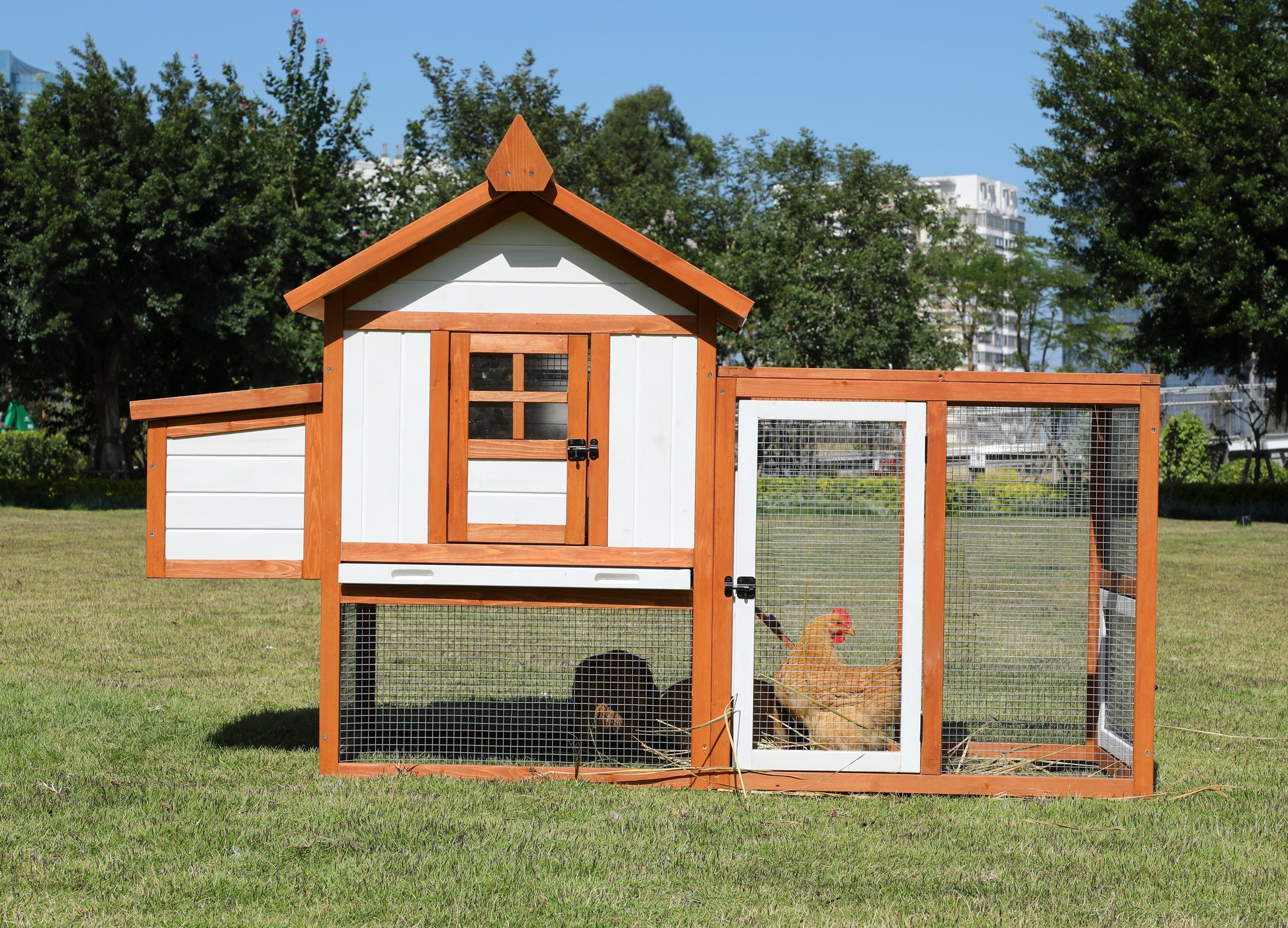 Weatherproof Outdoor Chicken Coop With Nesting Box, Outdoor Hen House With Removable Bottom For Easy Cleaning, Weatherproof Poultry Cage, Rabbit Hutch, Wood Duck House Brown White Solid Wood