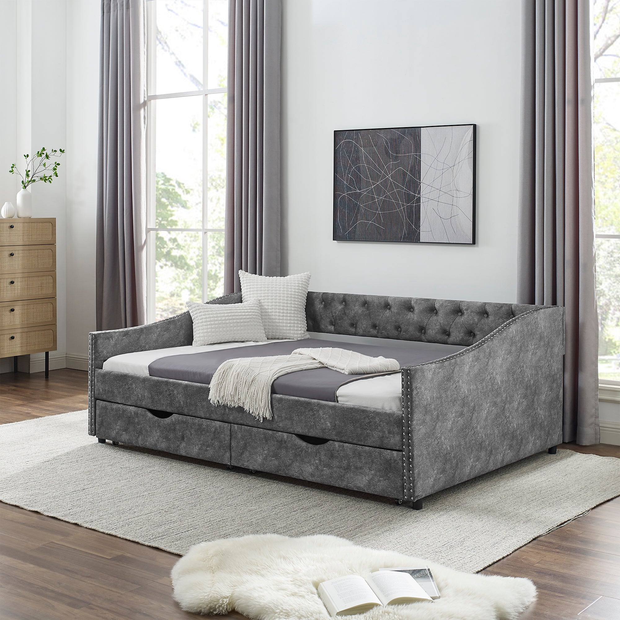 Full Size Daybed With Drawers Upholstered Tufted Sofa Bed, With Button On Back And Copper Nail On Waved Shape Arms, Grey 80.5''X55.5''X27.5'' Full Grey Polyester