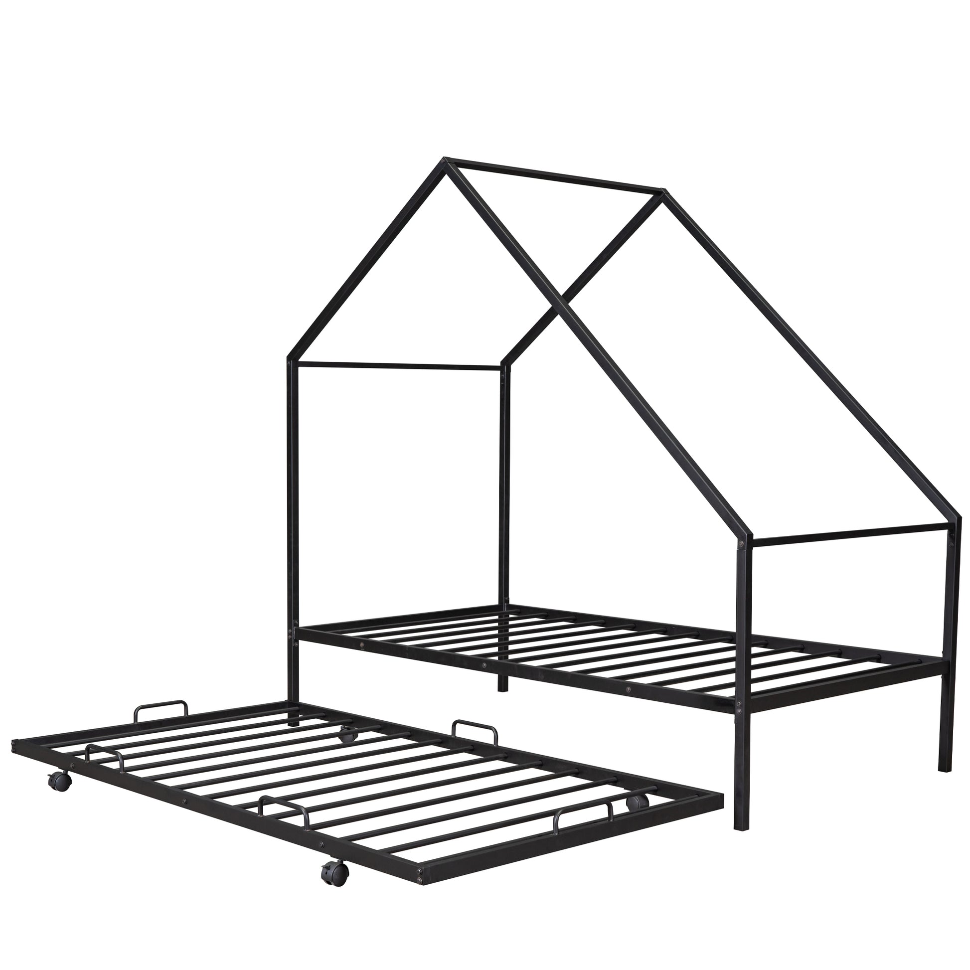 Metal House Bed With Trundle, Twin Size House Bed Black Black Metal
