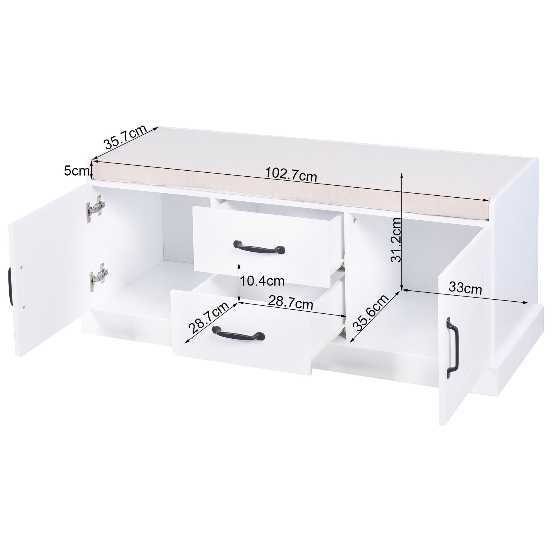 Wooden Entryway Shoe Cabinet With 2 Drawers And 2 Doors Living Room Storage Bench With White Cushion White Mdf