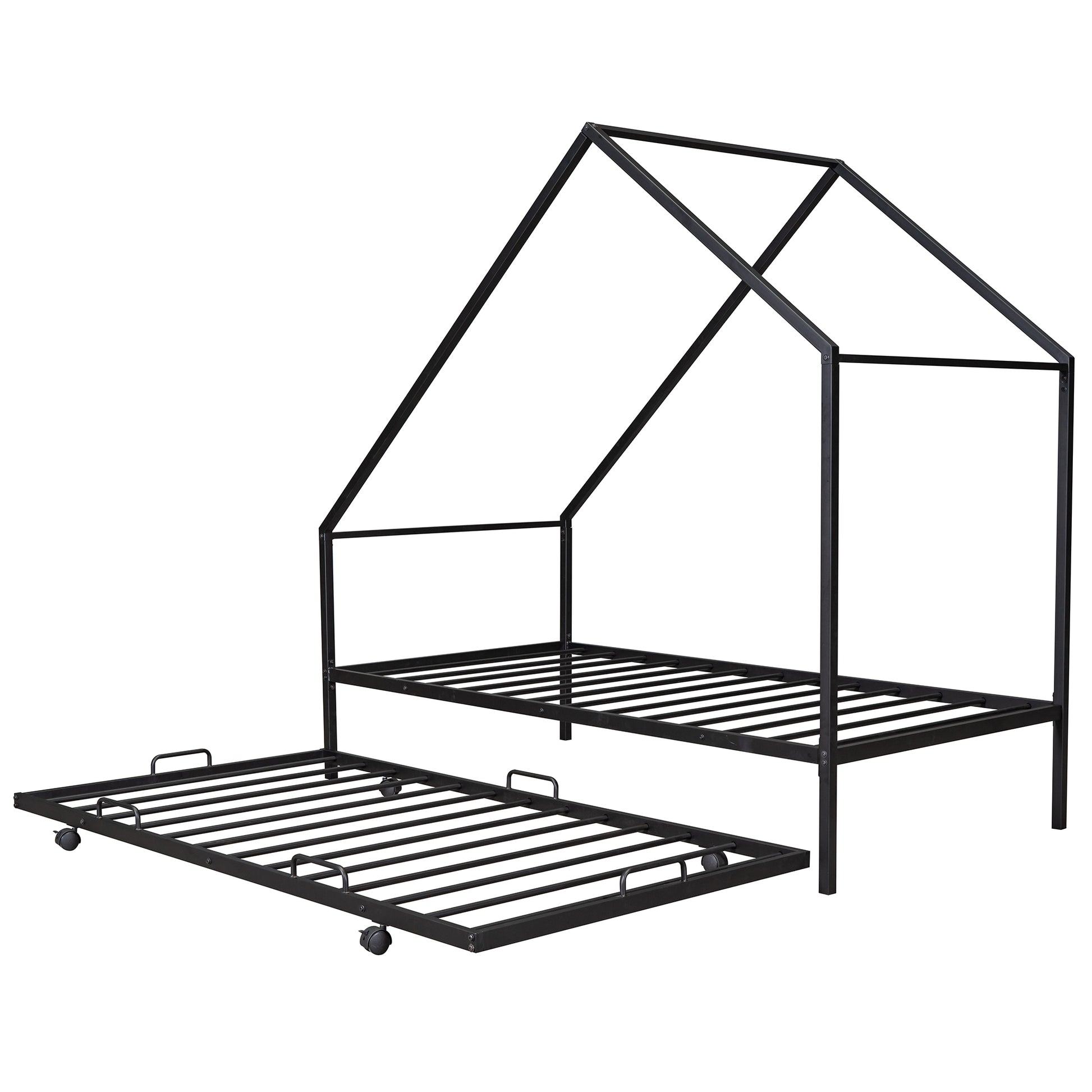 Metal House Bed With Trundle, Twin Size House Bed Black Black Metal