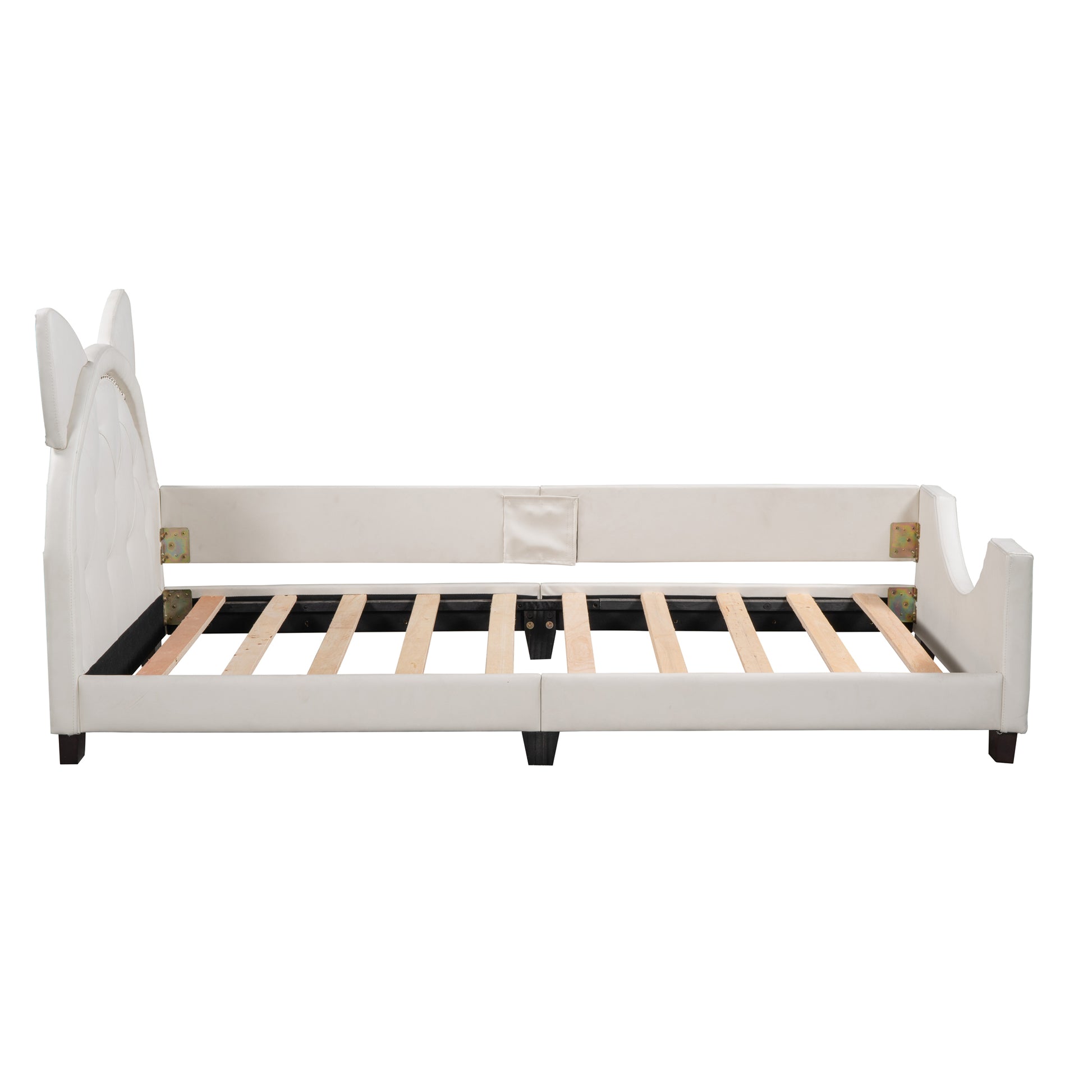 Twin Size Upholstered Daybed With Carton Ears Shaped Headboard, White White Pu Leather