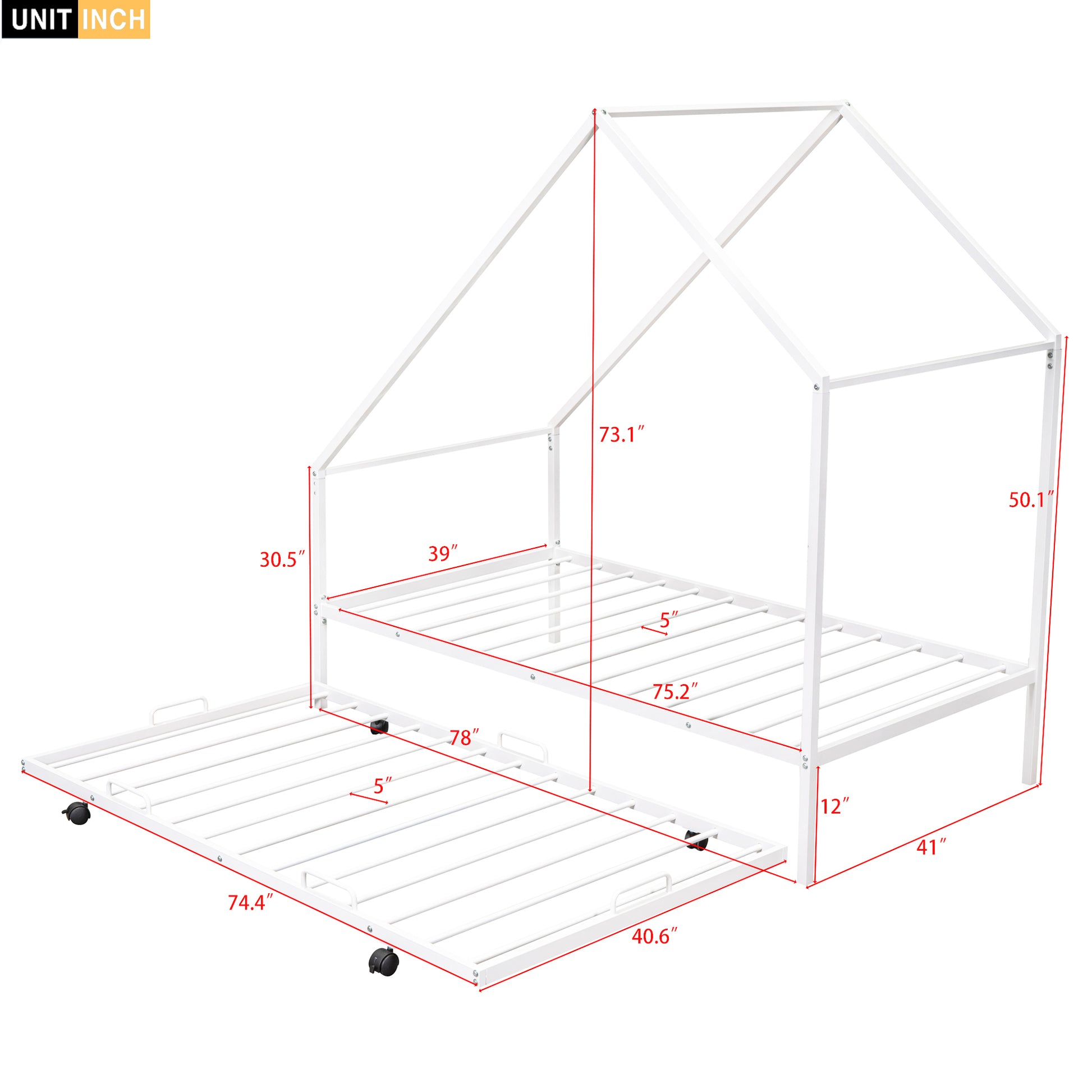 Metal House Bed With Trundle, Twin Size House Bed White White Metal