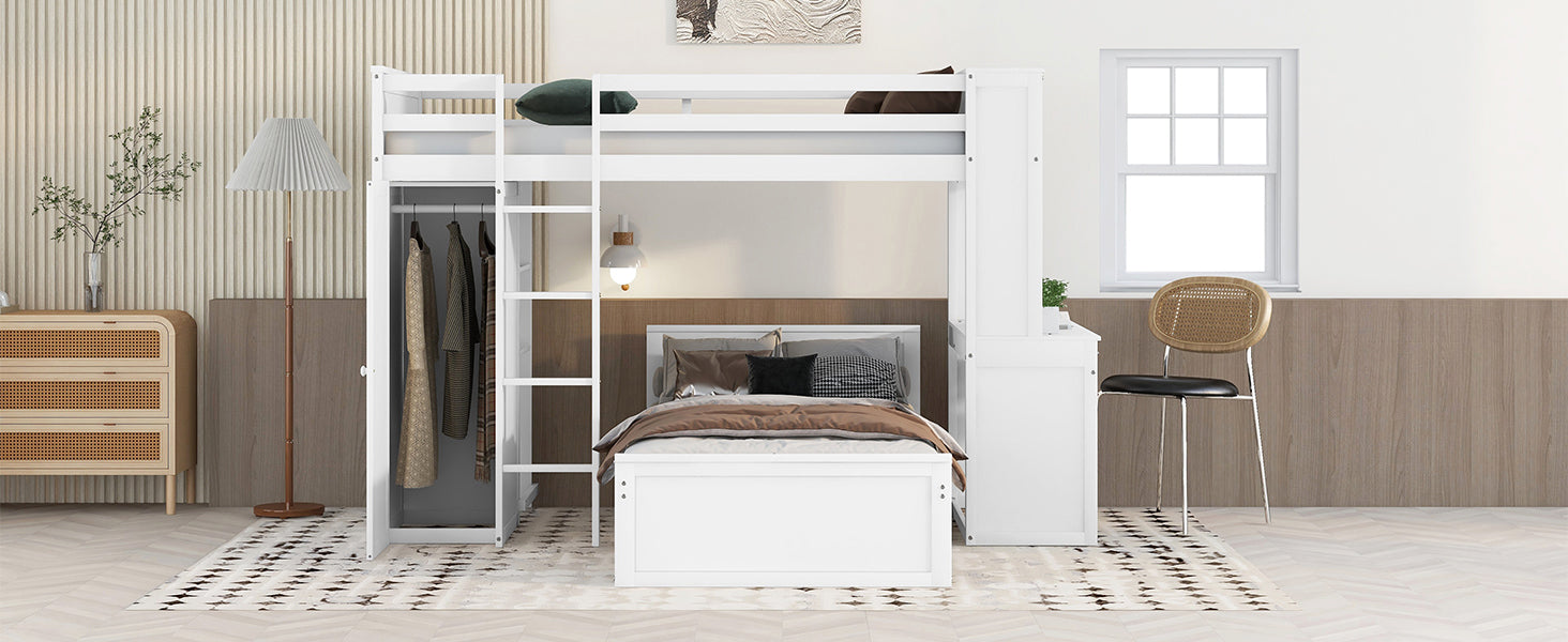 Twin Size Loft Bed With A Stand Alone Bed, Shelves,Desk,And Wardrobe White White Solid Wood