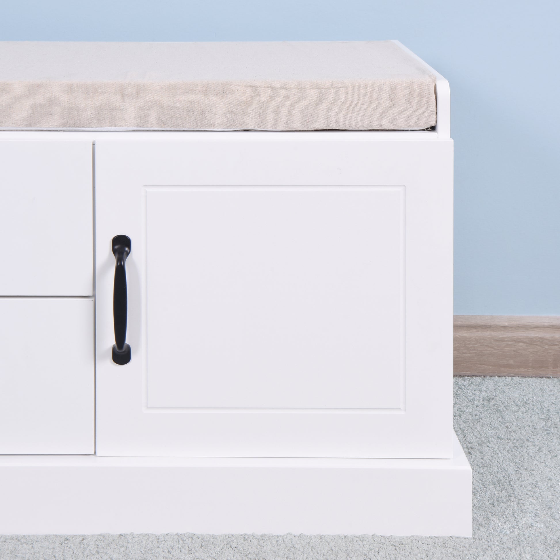 Wooden Entryway Shoe Cabinet With 2 Drawers And 2 Doors Living Room Storage Bench With White Cushion White Mdf