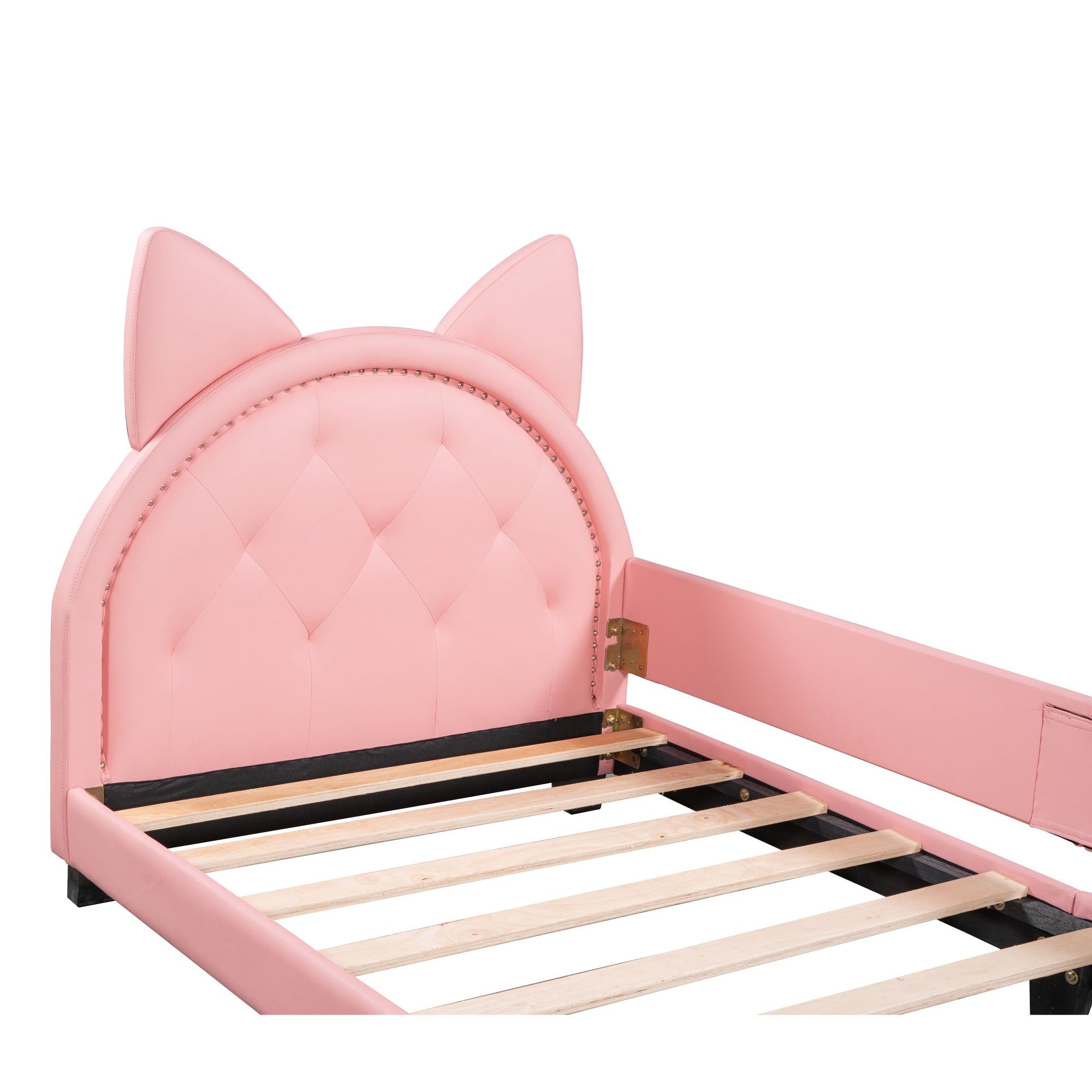 Twin Size Upholstered Daybed with Carton Ears Shaped pink-pu leather